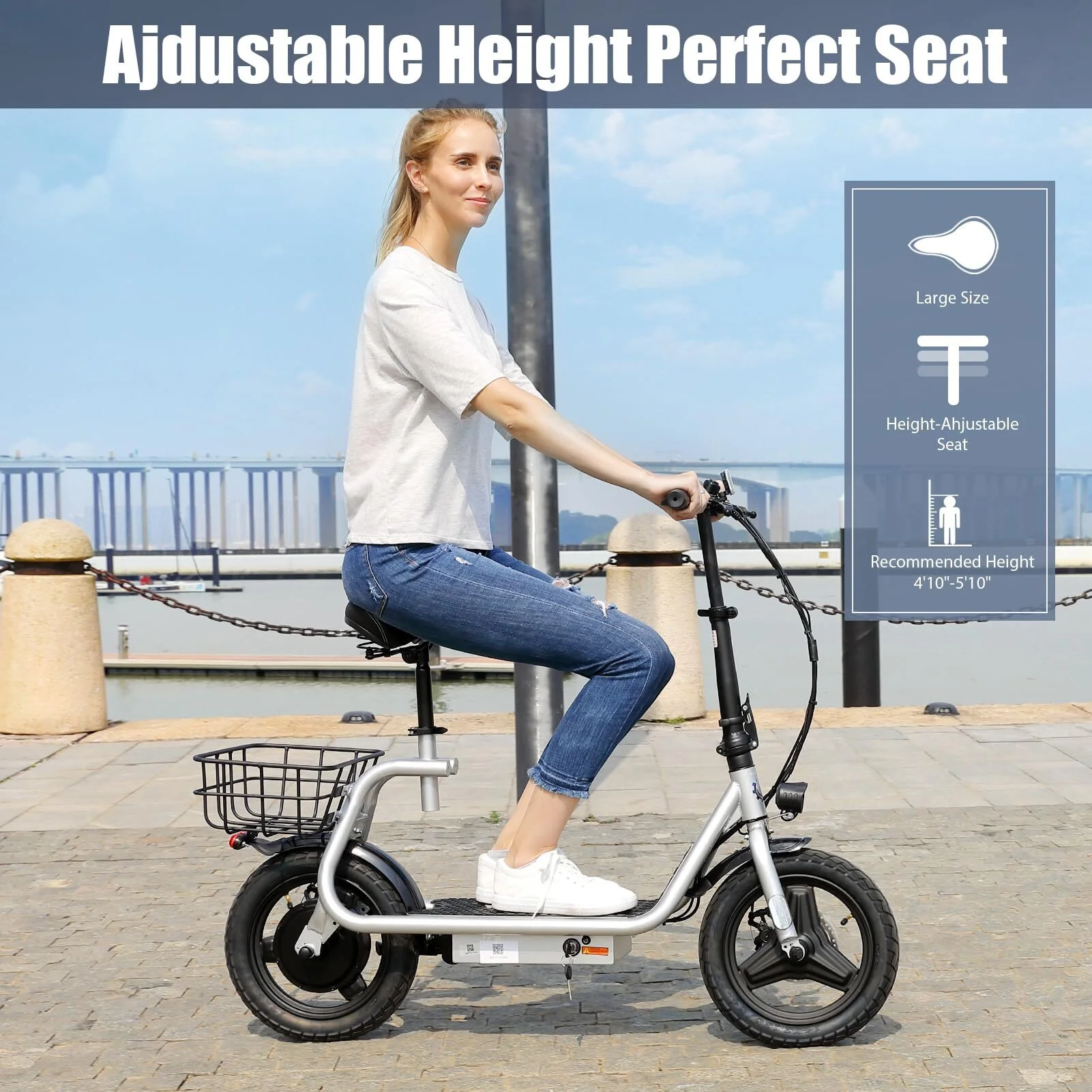 Caroma 500W Electric Scooter with Seat for Adult, 14 inch Commuter Electric Scooter with Dual Shock Absorbers and Basket - Up to 25 Miles 20 MPH, Silver - Womvr