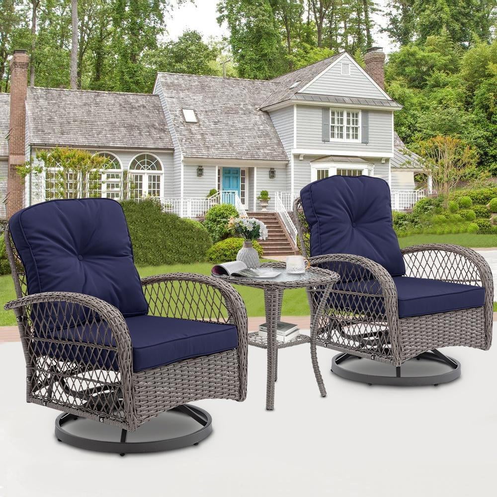 3 Piece Outdoor Bistro Swivel Chairs Set, Patio Bistro Set w/ 360° Swivel Rocking Chairs & Table, All-Weather Conversation Set with Metal Frame for Patio Backyard Porches or Garden - Khaki - Womvr