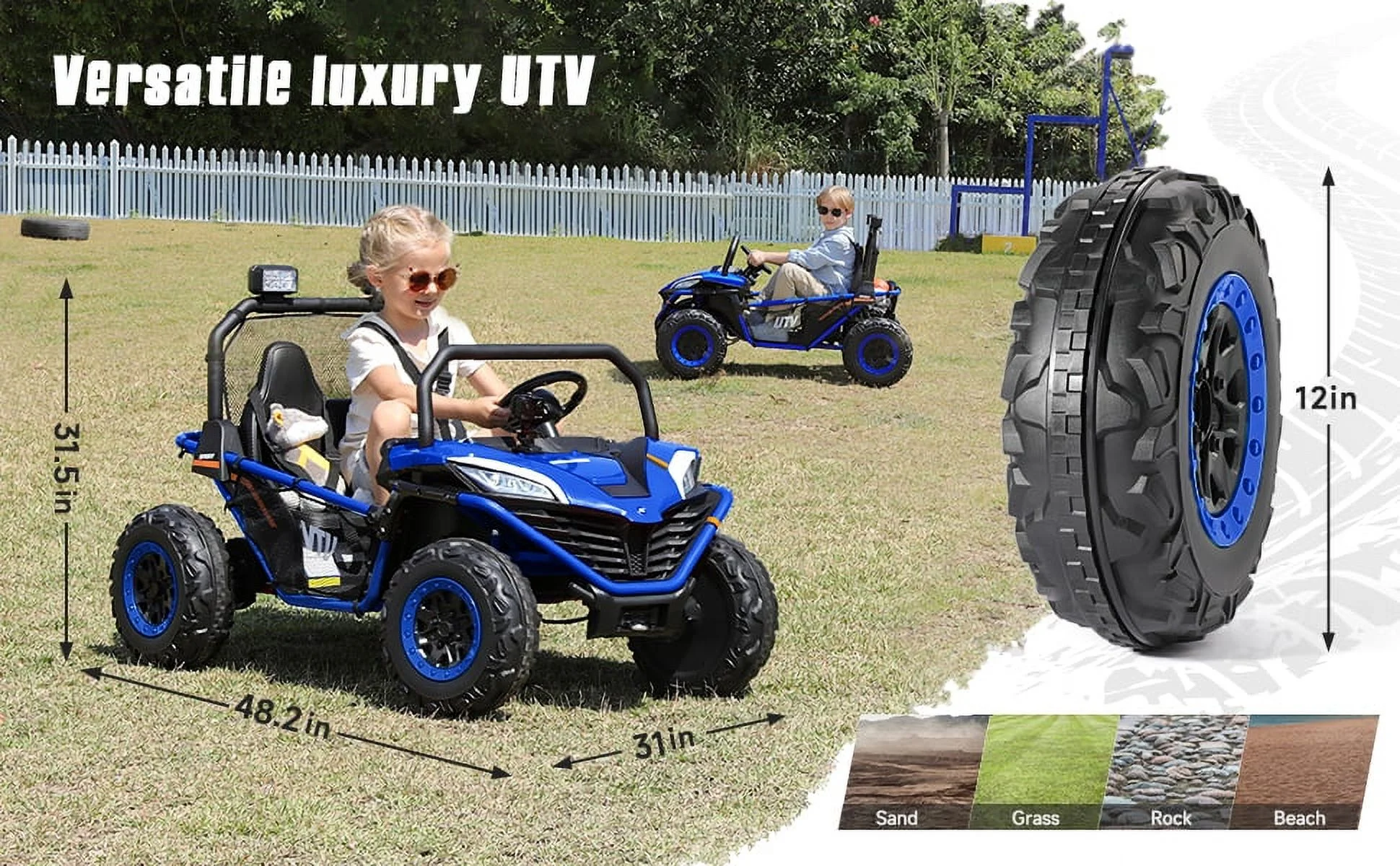 12 V Ride on Car,2 Seater Powered on Truck,4WD Electric Off-Road,Remote Control,Spring Suspension Ride on UTV for 3-8 Kids,Blue - Womvr