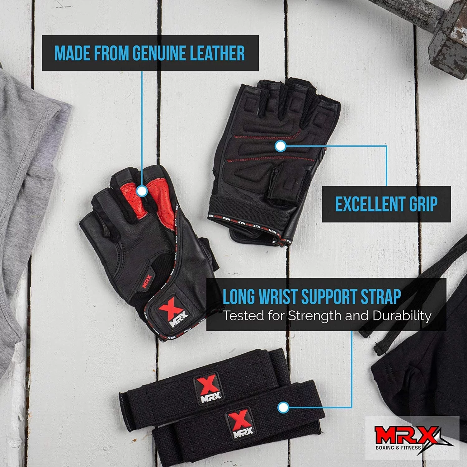 MRX Weight Lifting Gloves Gym Power Training Fitness Bodybuilding Glove Long Wrist Strap Black / Red M - Womvr