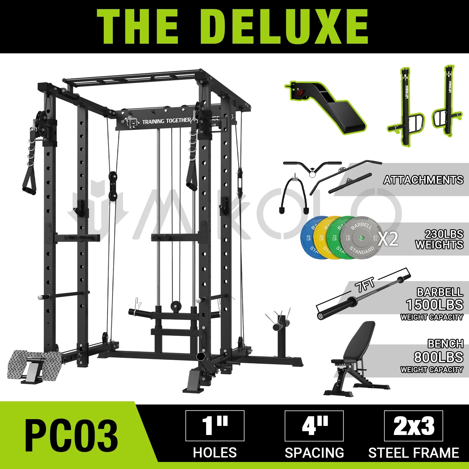 Mikolo Power Rack Cage, 1500 lbs Weight Rack with Cable Crossover Machine,Multi-Function Squat Rack with J Hooks,Dip Bars and Landmine for Home Gym (Black), Plate Loaded Machine - Womvr