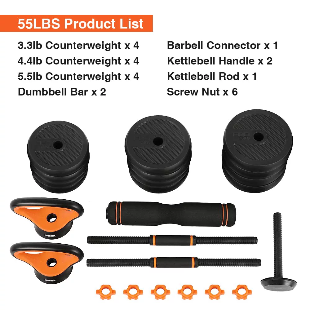 55lb Adjustable Weights Dumbbell Set, Portable Interchangeable Dumbbell, Barbell, and Kettlebell Set - Womvr