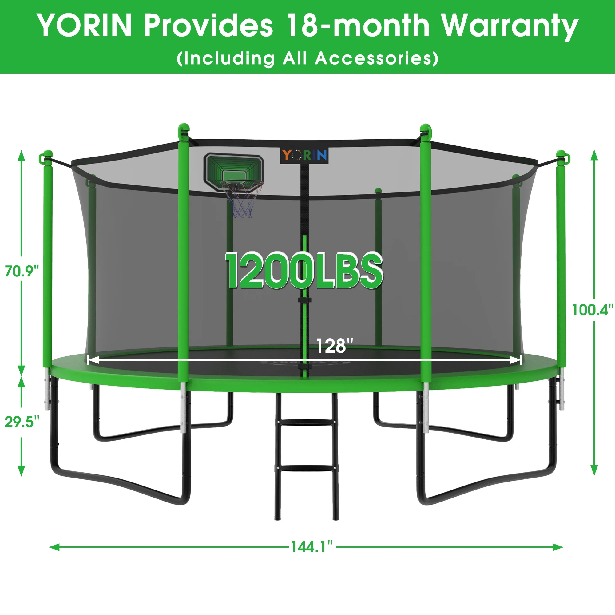 YORIN 1200LBS 12FT 14FT 15FT Trampoline for Kids Adults, Trampoline with Safety Enclosure Net, Basketball Hoop and Ladder, Outdoor Heavy-Duty Trampoline - Womvr