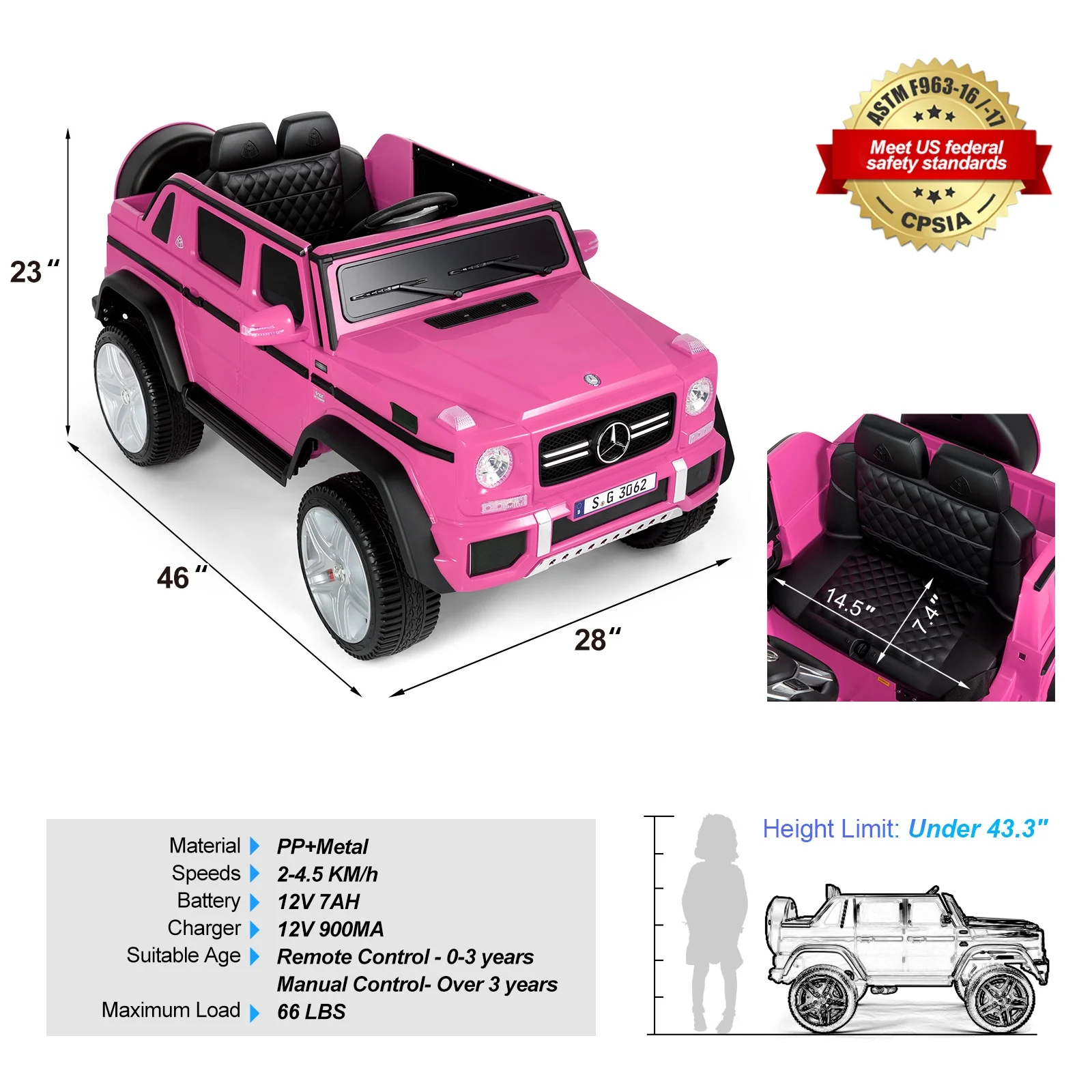 JOYLDIAS 12V Kids Ride on Car 3 Speeds Licensed Mercedes-Benz Electric Toy w/ Bluetooth, Remote Control, LED Lights (Pink) - Womvr