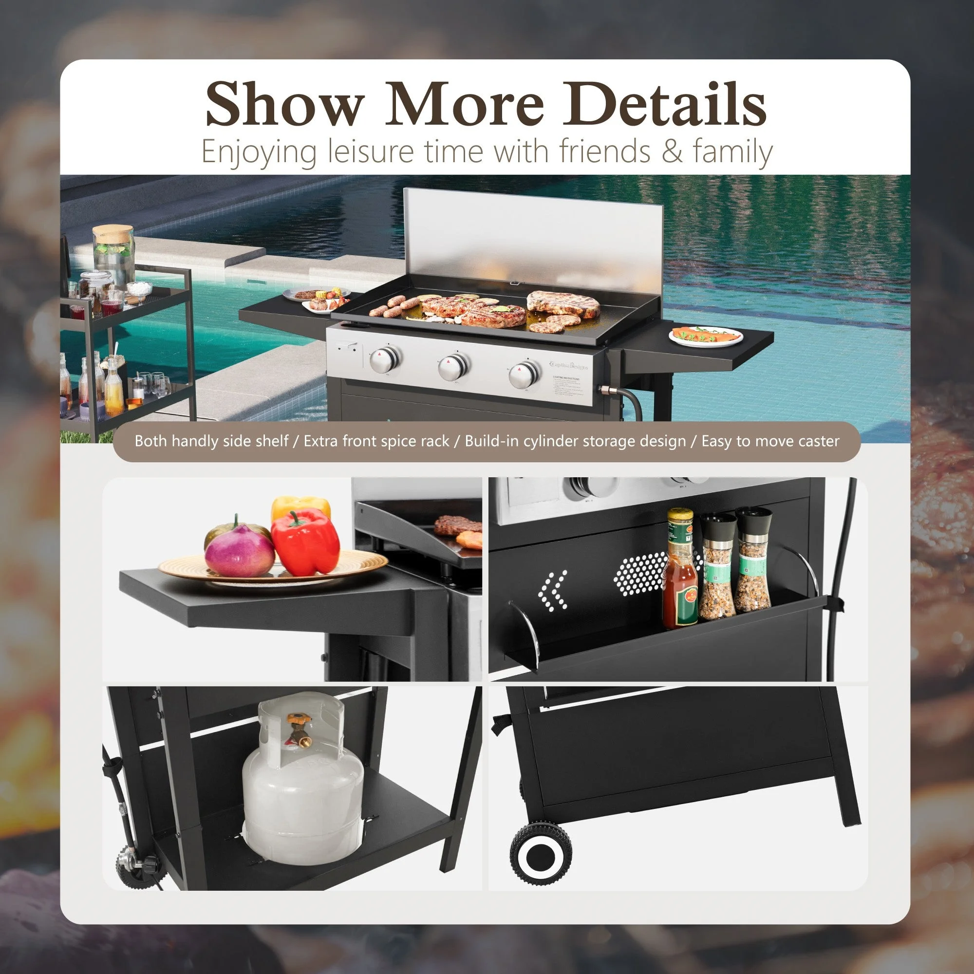 Alpha Joy 3-Burner Propane Gas Griddle Outdoor Flat Top Gas Grill Can Be Detached Table Top Griddle for Camping - Womvr