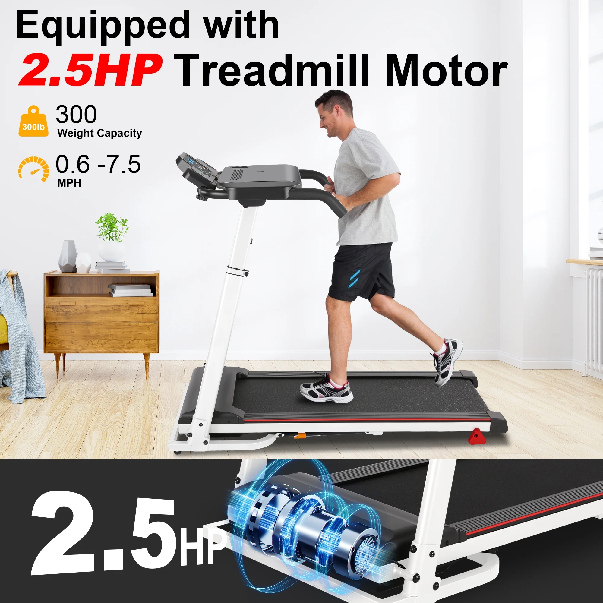 Tikmboex Folding Treadmill with Removable Tabletop and Incline, 2.5 HP Running Machine and 300Lbs Capacity for Home Office Use,White - Womvr