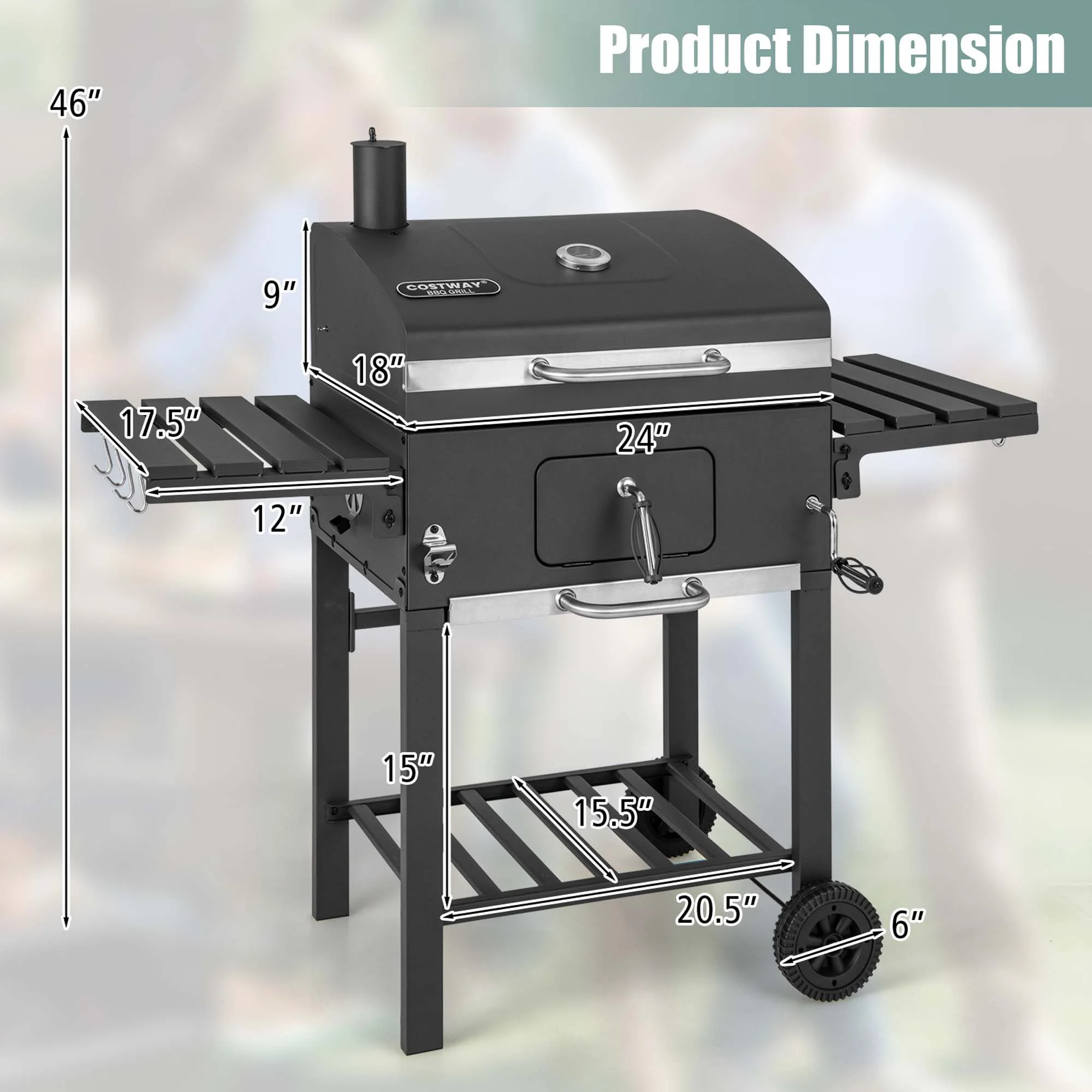 Costway Outdoor Charcoal Grill 391 sq.in. Cooking Area 2 Foldable Side Table BBQ Camping - Womvr