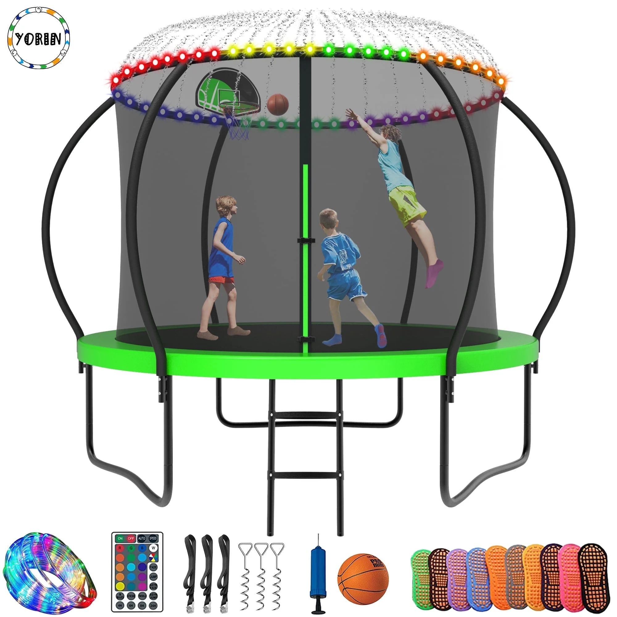 YORIN Trampoline for 2-3 Kids, 8FT 10FT Trampoline for Adults with Enclosure Net, Basketball Hoop, Ladder, 800LBS Outdoor Recreational Trampoline with Light, Sprinkler, Socks, Heavy Duty Trampoline - Womvr