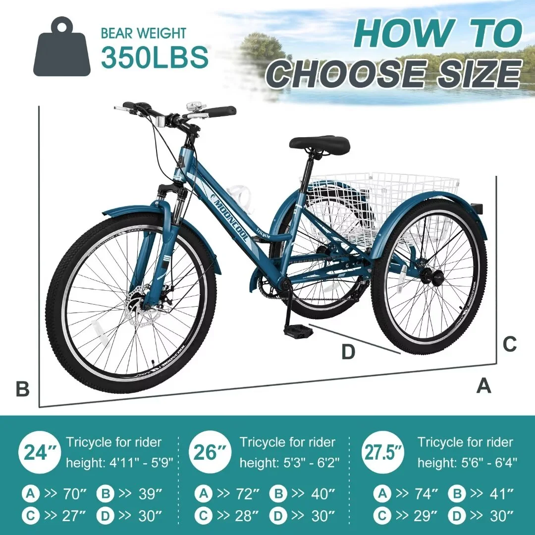 Docred Adult Tricycle, 7 Speed Three Wheel Mountain Bike, 24/26/27.5 inch Adults Trikes ,Load capacity 420 lbs - Womvr