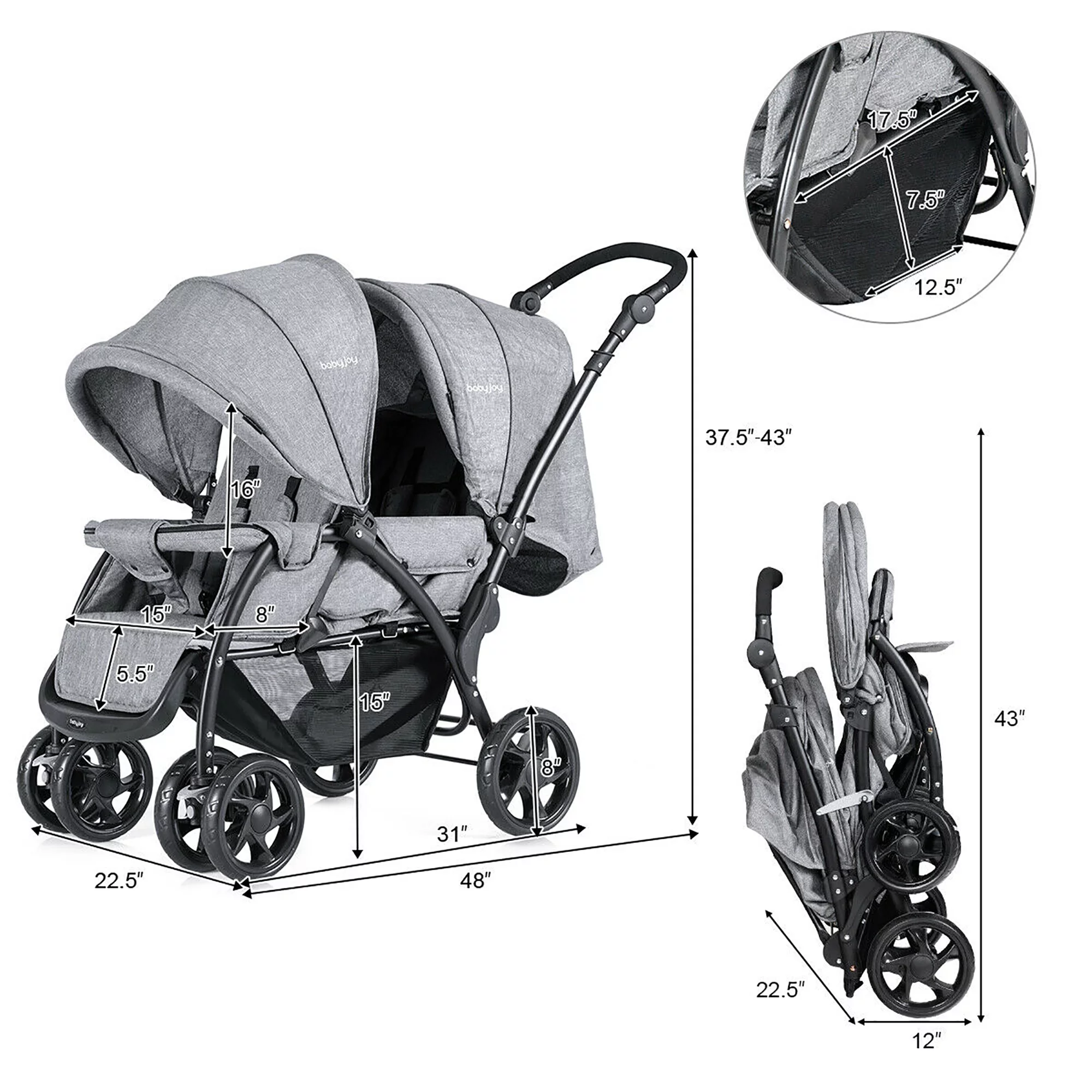 Babyjoy Double Stroller Foldable Baby Twin Lightweight Travel Stroller Infant Pushchair Black - Womvr