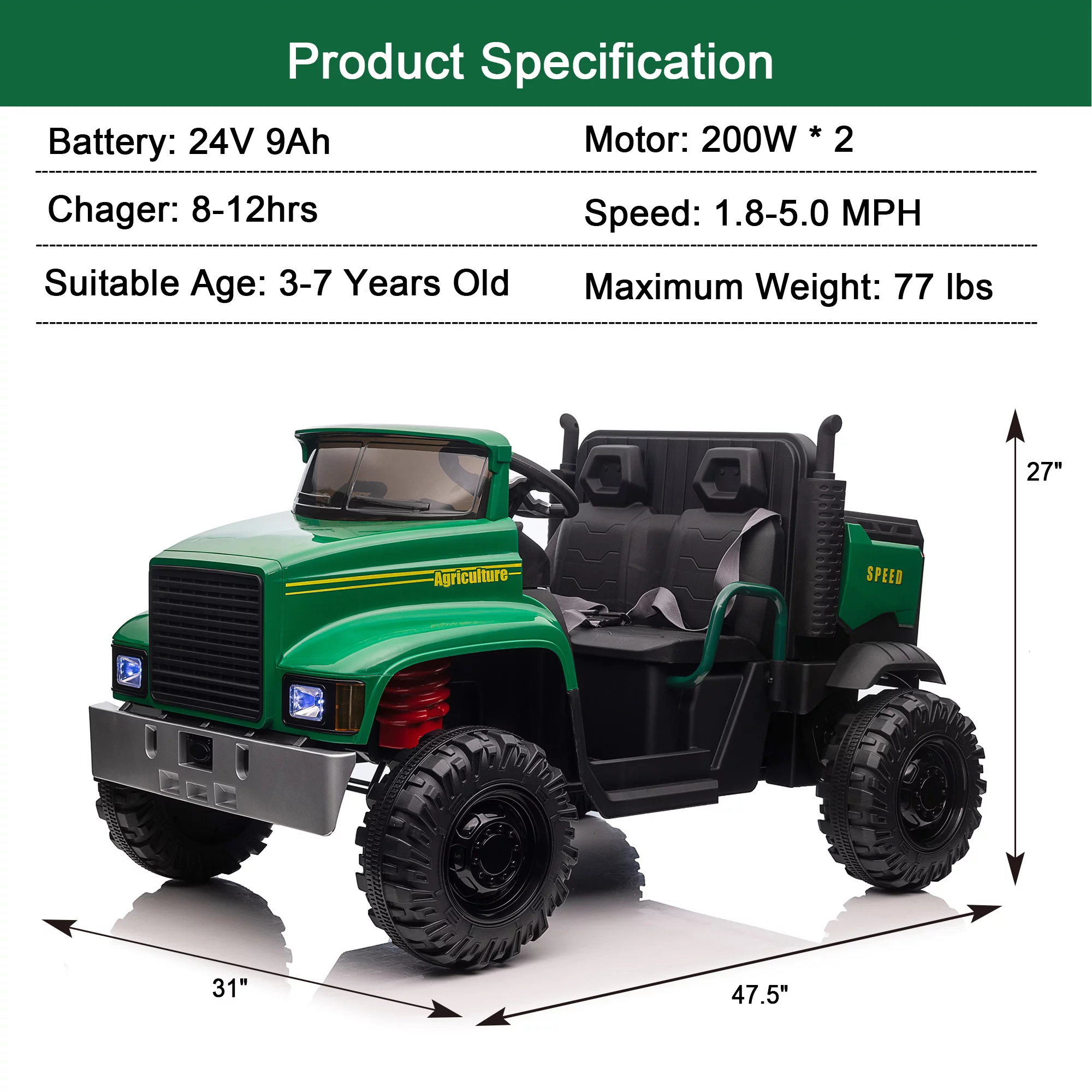 Hikiddo JC222 24V Ride on Toy, Kids Ride On Dump Truck 2 Seater with Remote - Womvr