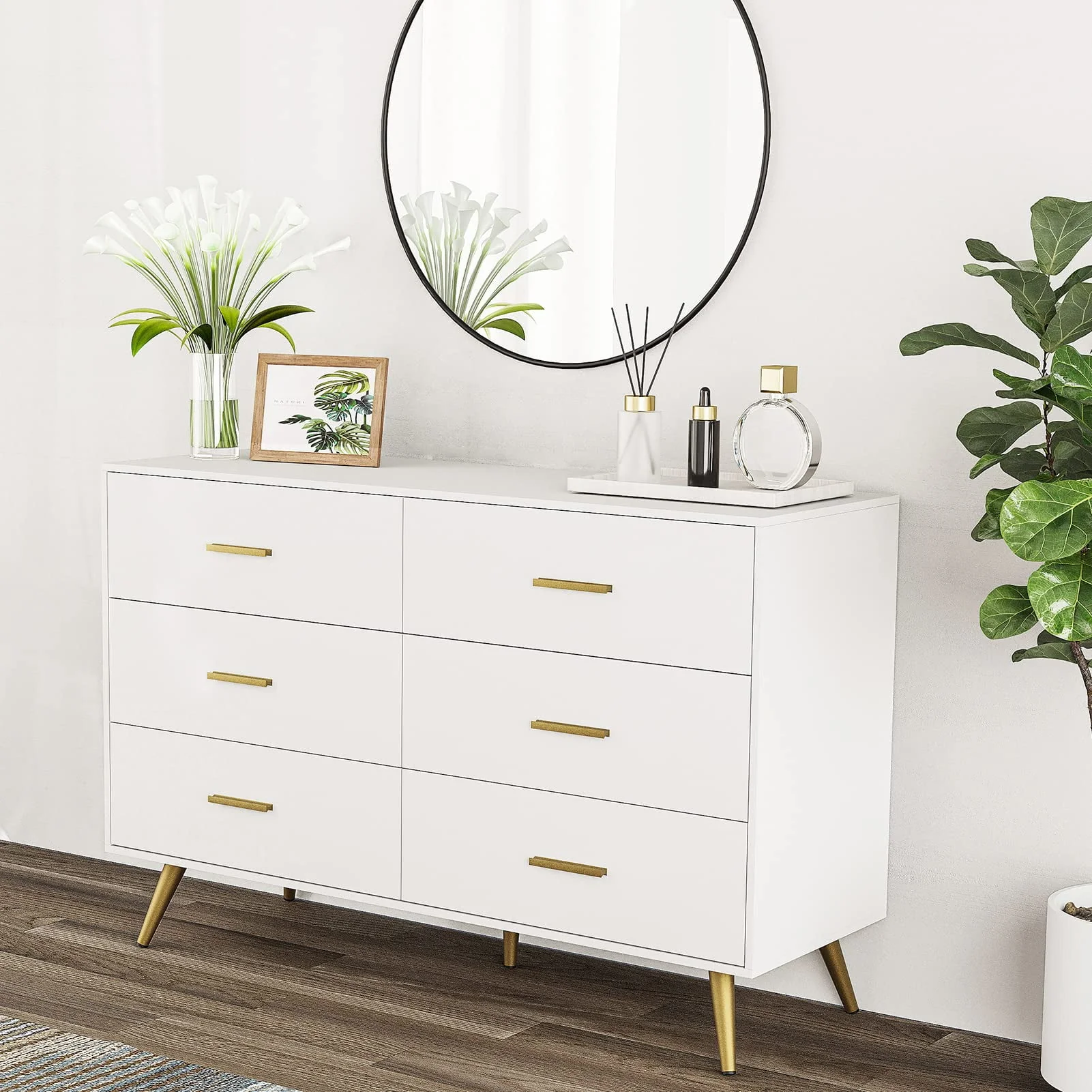 6 Drawer Dresser, Mid-Century Modern Chest Of Drawers, Double Dresser Storage Cabinet For Bedroom Living Room Hallway(White-6 Drawers) - Womvr