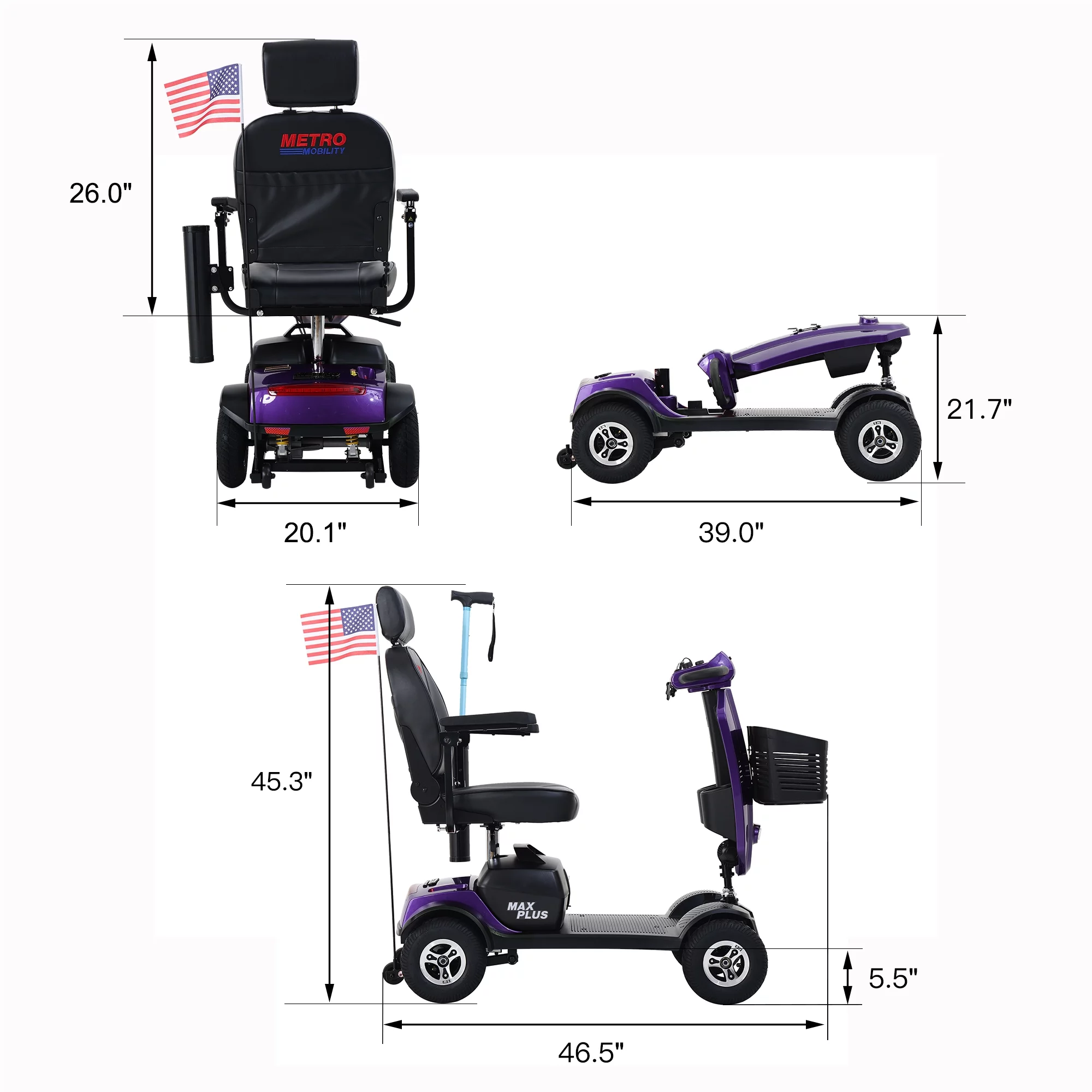 Metro Mobility Senior Scooter Folding Scooter 4 Wheel Scooter with USB Port Purple - Womvr