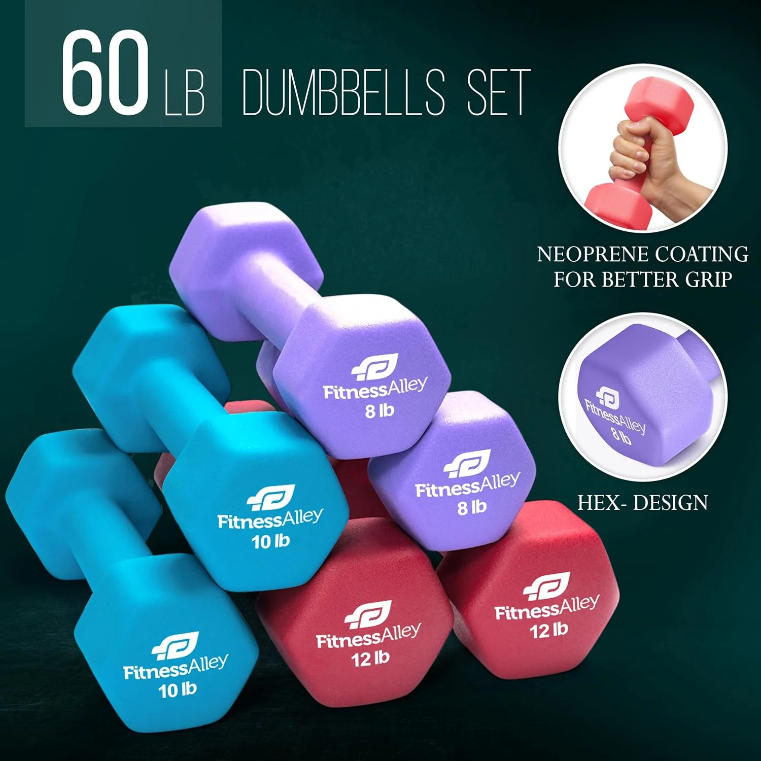 Fitness Alley Neoprene Workout Dumbbells - Non Slip, Anti Roll Exercise & Fitness Dumbbells Combo - Hex Shaped Hand weights for Men & Women(2, 4, 6, 8, & 10lb Dumbbells) - Womvr