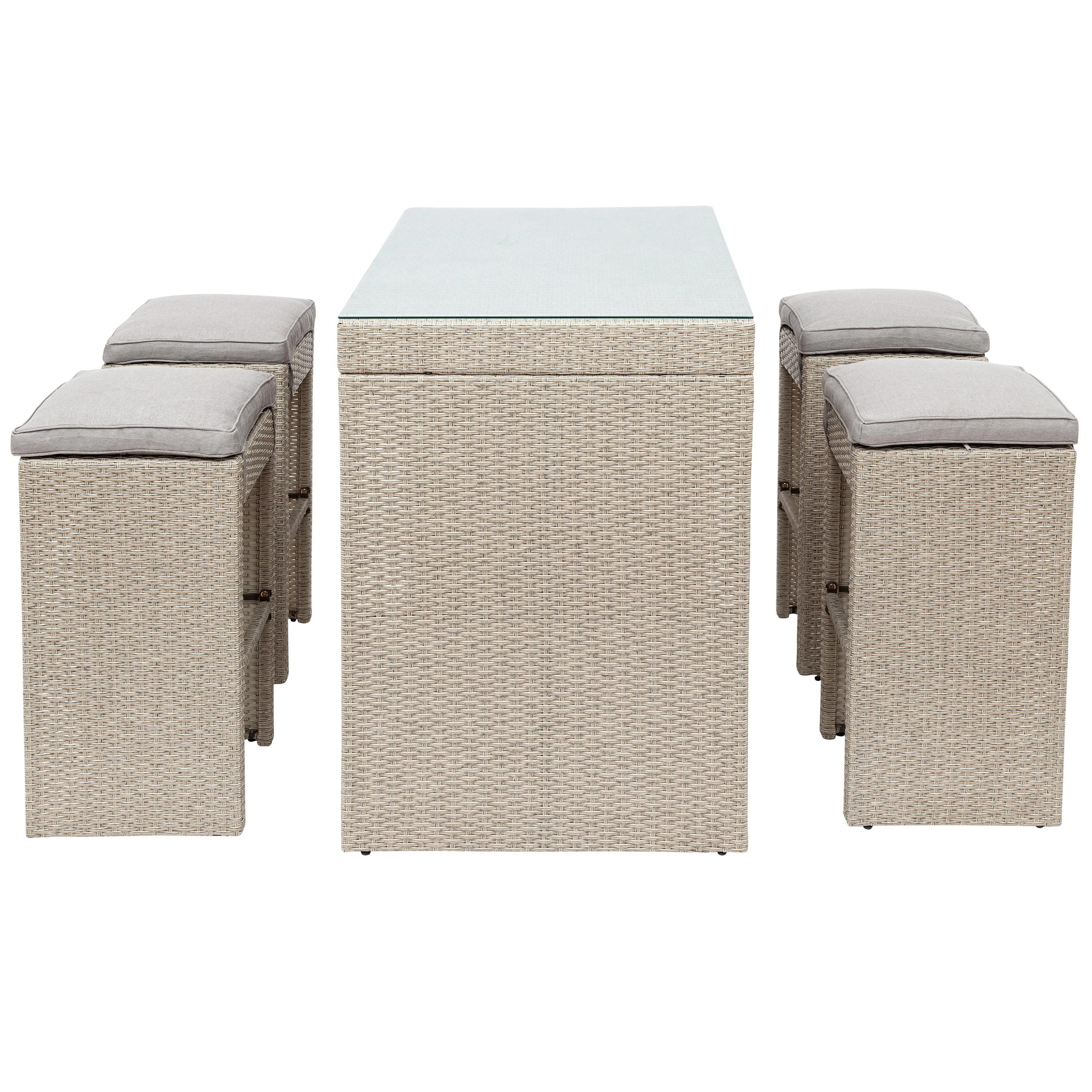 SESSLIFE 5 Piece Outdoor Rattan Dining Set with Storage Shelf, Patio Bar Table and 4 Stools Set, Modern Gray Wicker Outdoor Furniture Sets - Womvr