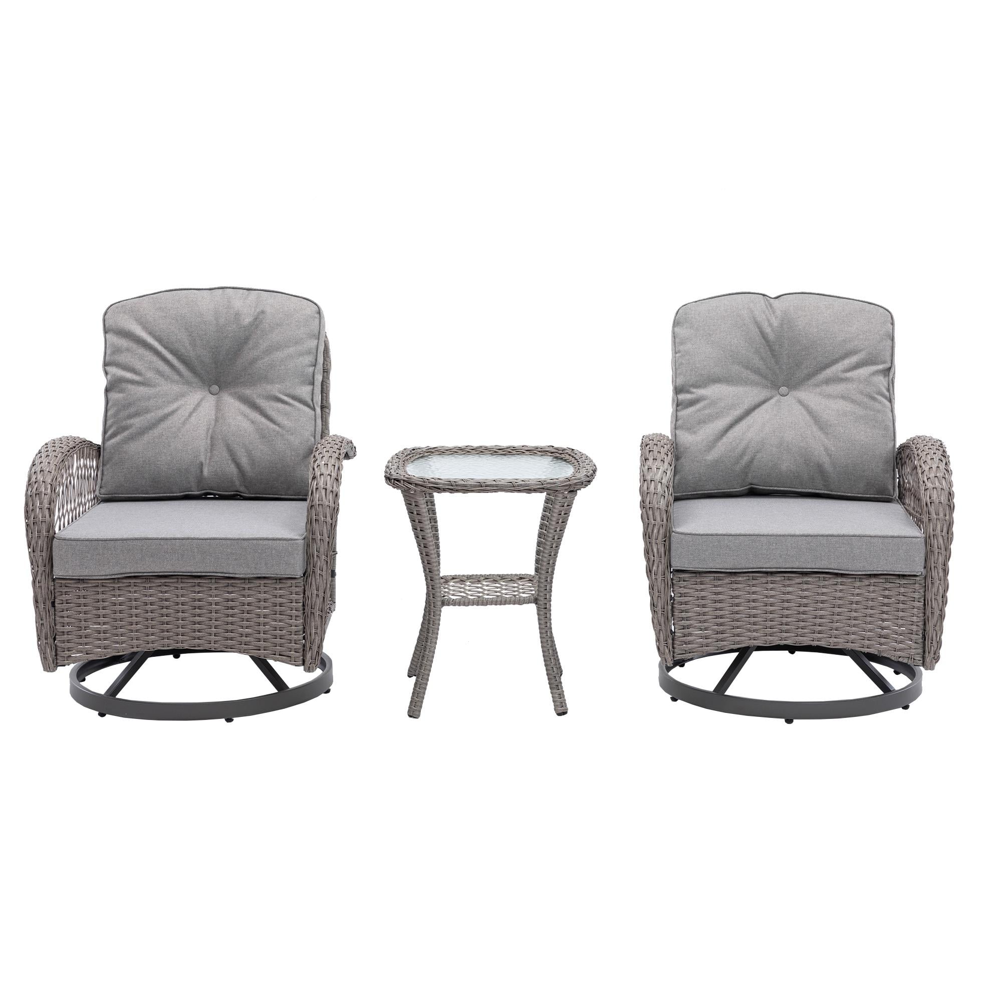 3 Piece Outdoor Bistro Swivel Chairs Set, Patio Bistro Set w/ 360° Swivel Rocking Chairs & Table, All-Weather Conversation Set with Metal Frame for Patio Backyard Porches or Garden - Khaki - Womvr