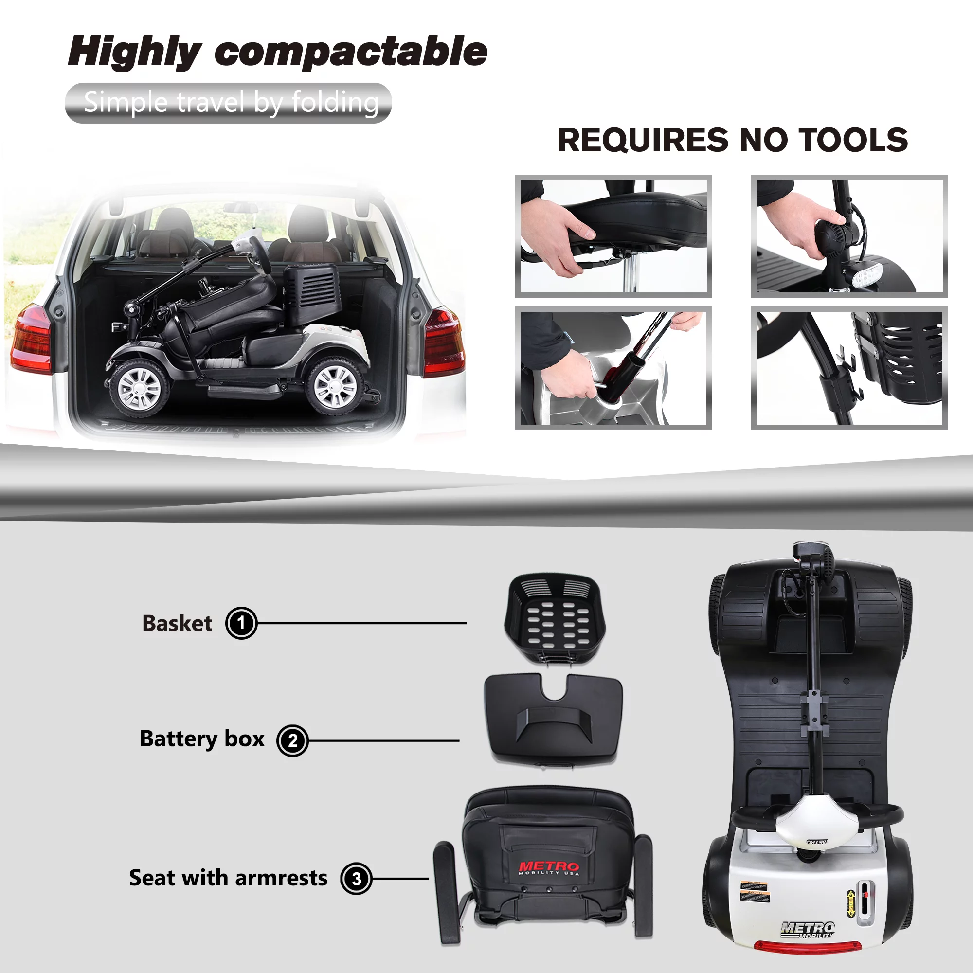 Electric Mobility Scooter for Adults and Seniors - 300 lbs Max Weight, 4-Wheel Powered Mobility Scooters Wheelchair Device for Travel, Elderly (with Head Light-White) - Womvr