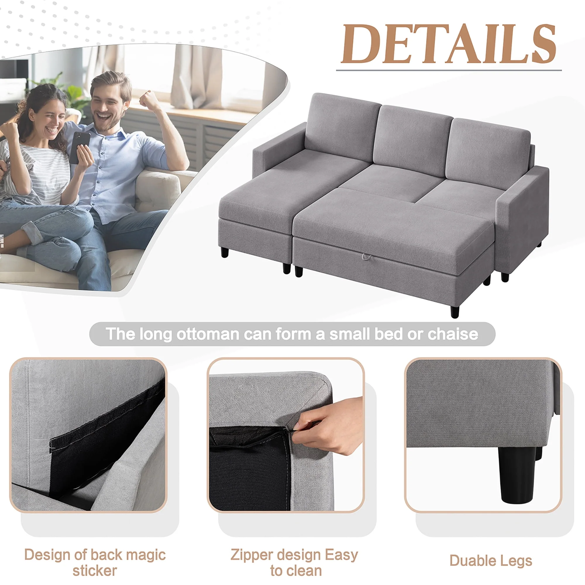 Walsunny Convertible Sectional L-Shaped Sofa with Modern Linen Fabric(Grayish Black) - Womvr