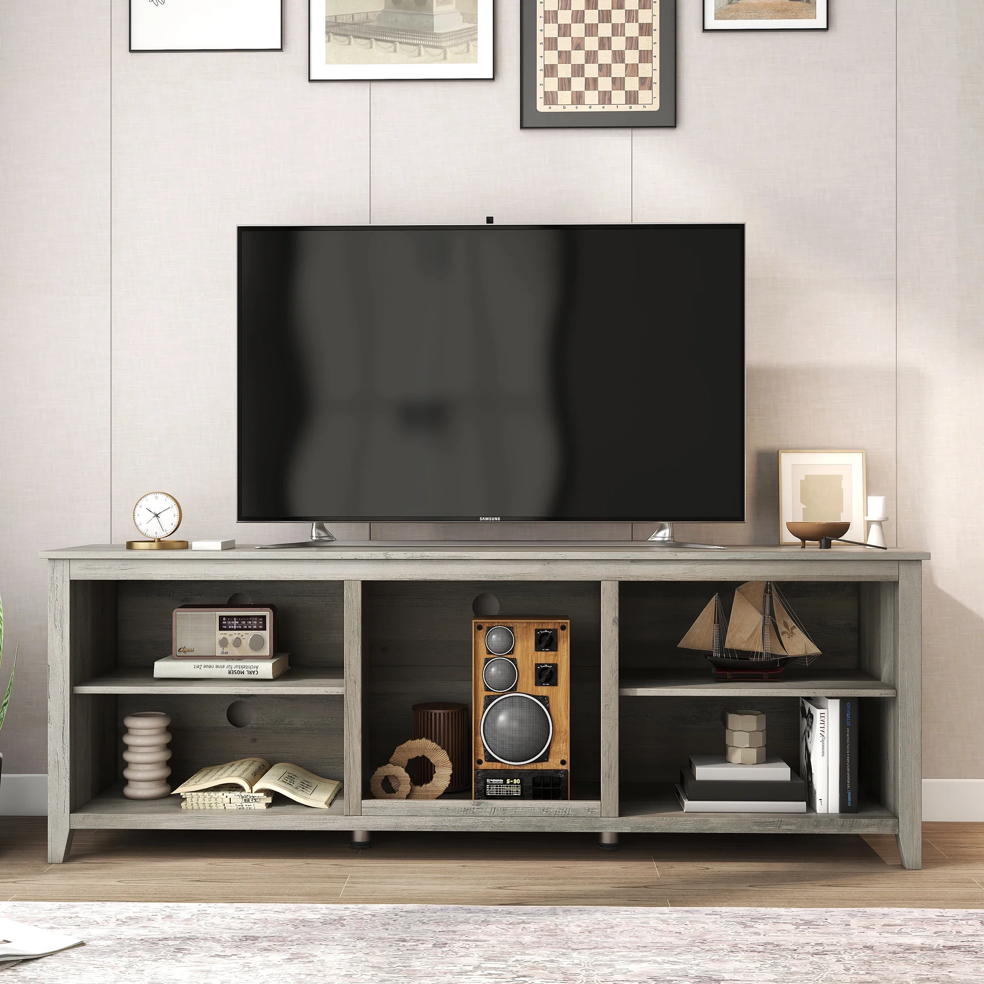 SYNGAR TV Stand for 65 inch TV, Modern TV Console Table Stand with 2 Door Cabinet, Living Room TV Table Stand Buffet Cabinet with Adjustable Storage Shelves, 60