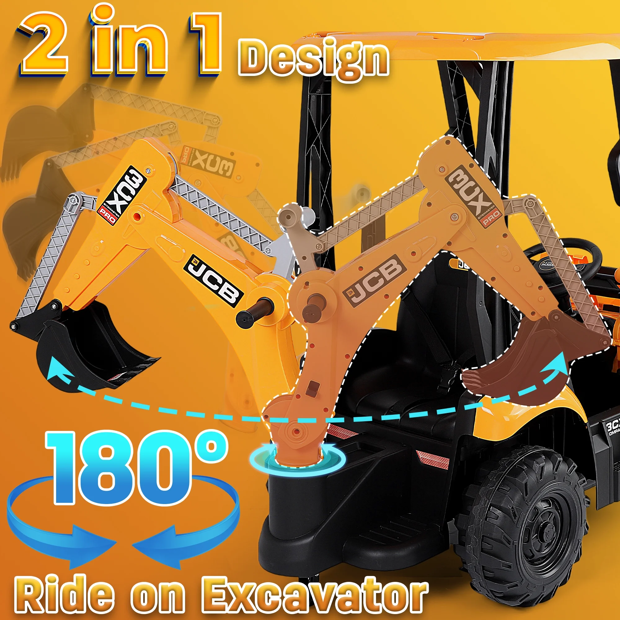 JCB 2 in 1 Kids Ride on Car Excavator & Bulldozer,Wisairt 12 V Battery Powered Electric Vehicle w/ Remote Control,Bucket,Digger,Handle(Yellow) - Womvr