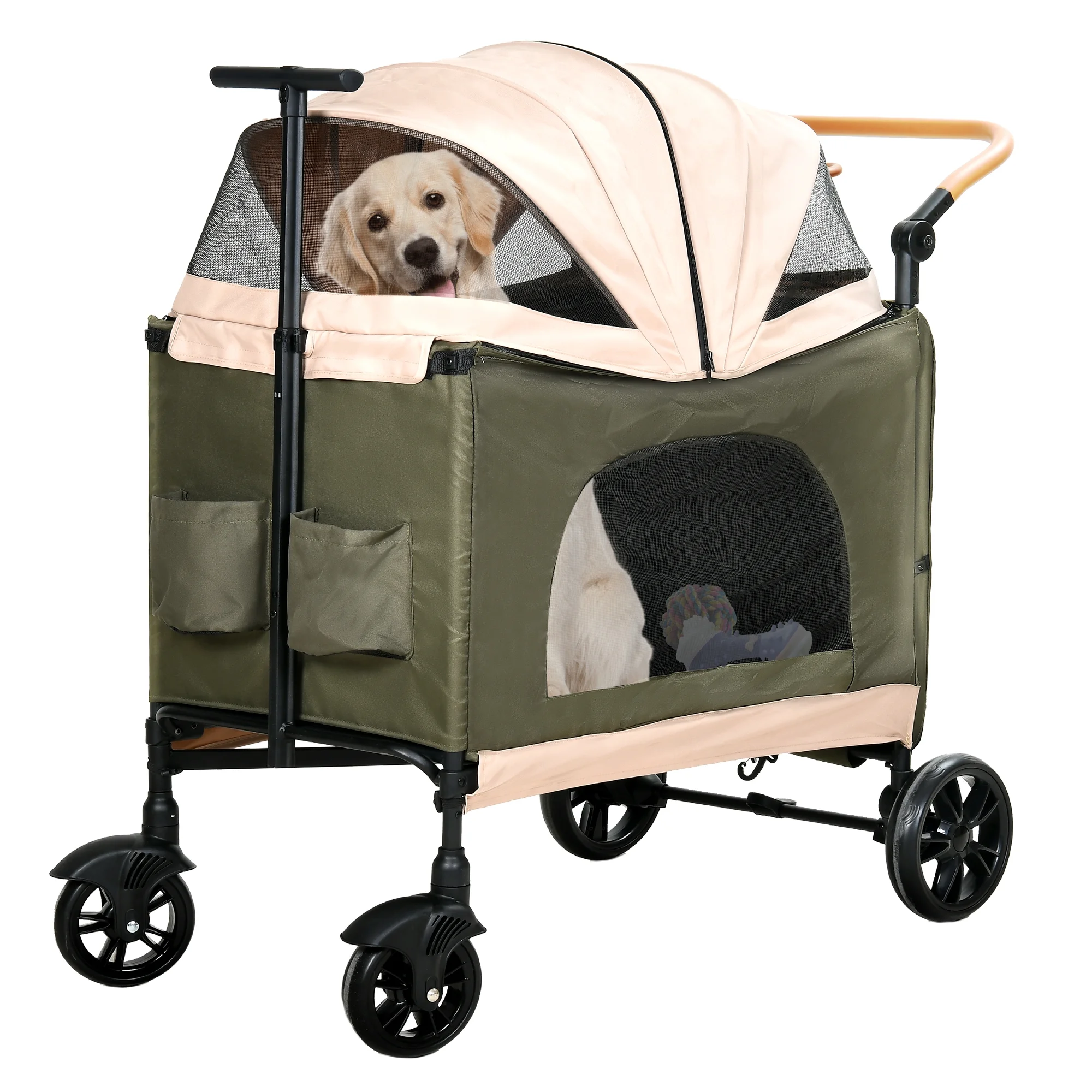 DWVO Dog Stroller for Large Medium Dogs, Upgraded Version with Larger Room, 4 Wheels Foldable Pet Stroller with 360�� Rotation Wheel, Cat Kitty Puppy Stroller with Storage Basket - Green & Pink - Womvr