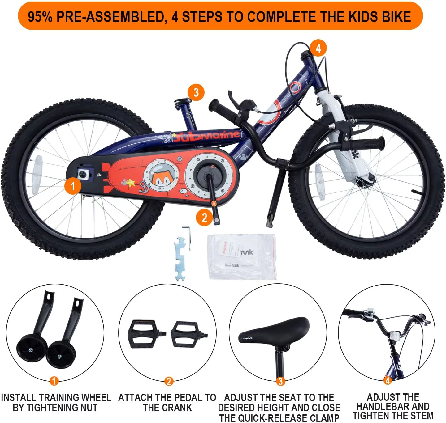 Royalbaby Chipmunk Boys Girls and Kid's Submarine Steel 18 In Bike with kickstand Blue - Womvr