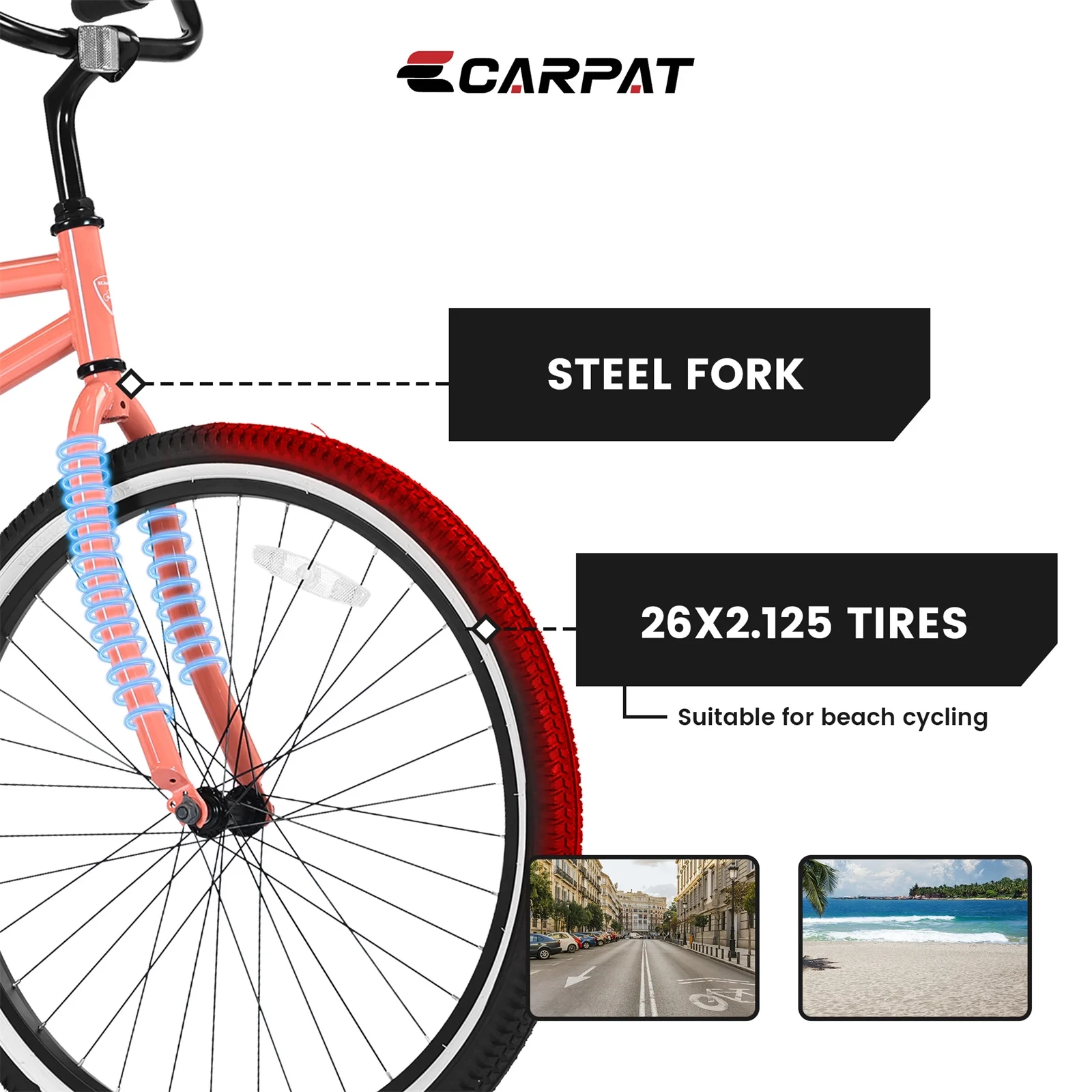 26in. Women's Beach Cruiser Bike with Rear Rack, Steel Frame Comfort Bicycle for Adult, White - Womvr