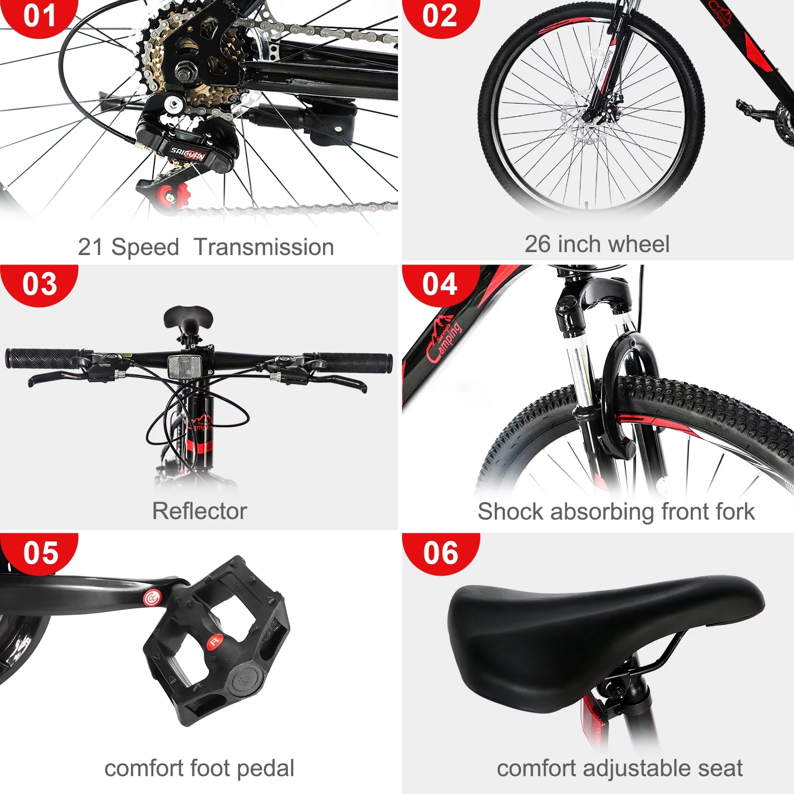Campingsurvivals 21 Speed Mountain Bikes, with 26 inch Wheels and Dual Disc Brakes, Red/Black - Womvr