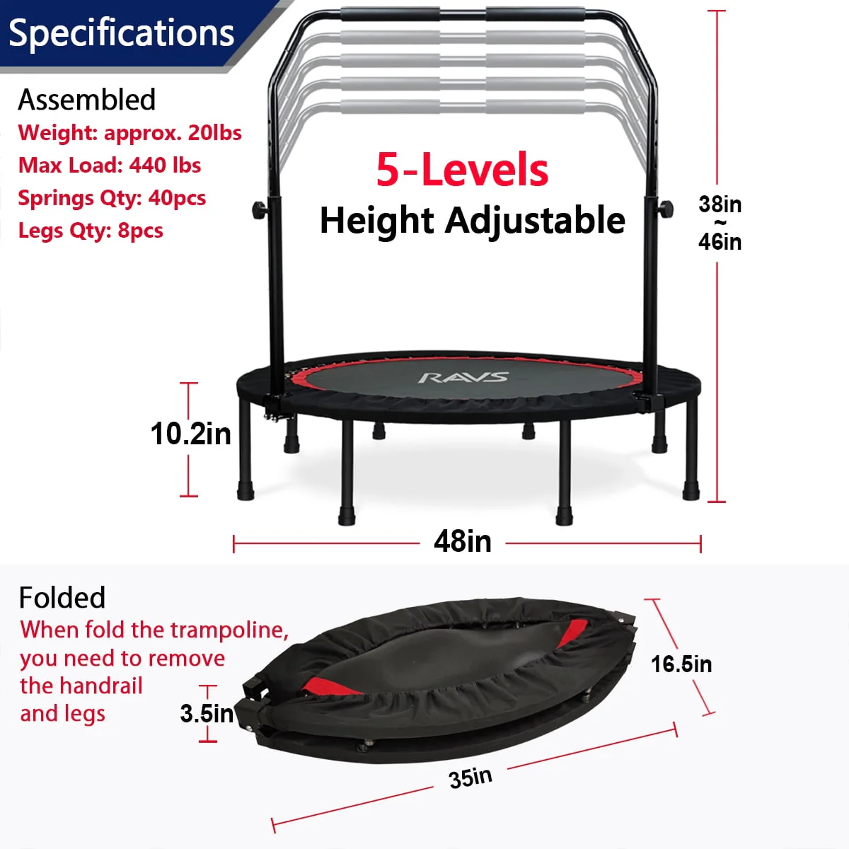 RAVS 48'' Inch Black Foldable Mini Fitness Trampoline Rebounder for Kids and Adults with Handle - Womvr