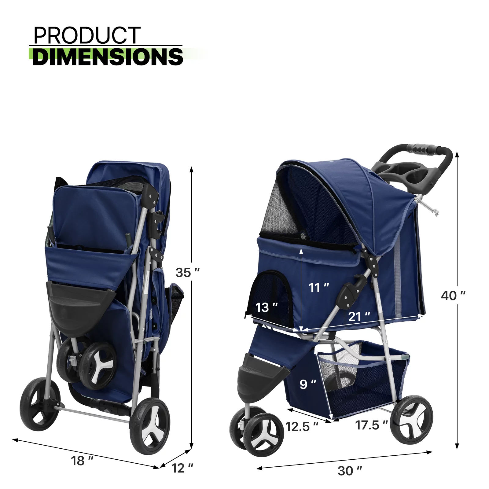 Magshion Foldable Pet Dog Stroller with Wheels, Cat Dog Stroller with Storage Basket and Cup Holder for Small and Medium Cats, Dogs, Puppy, Navy Blue - Womvr