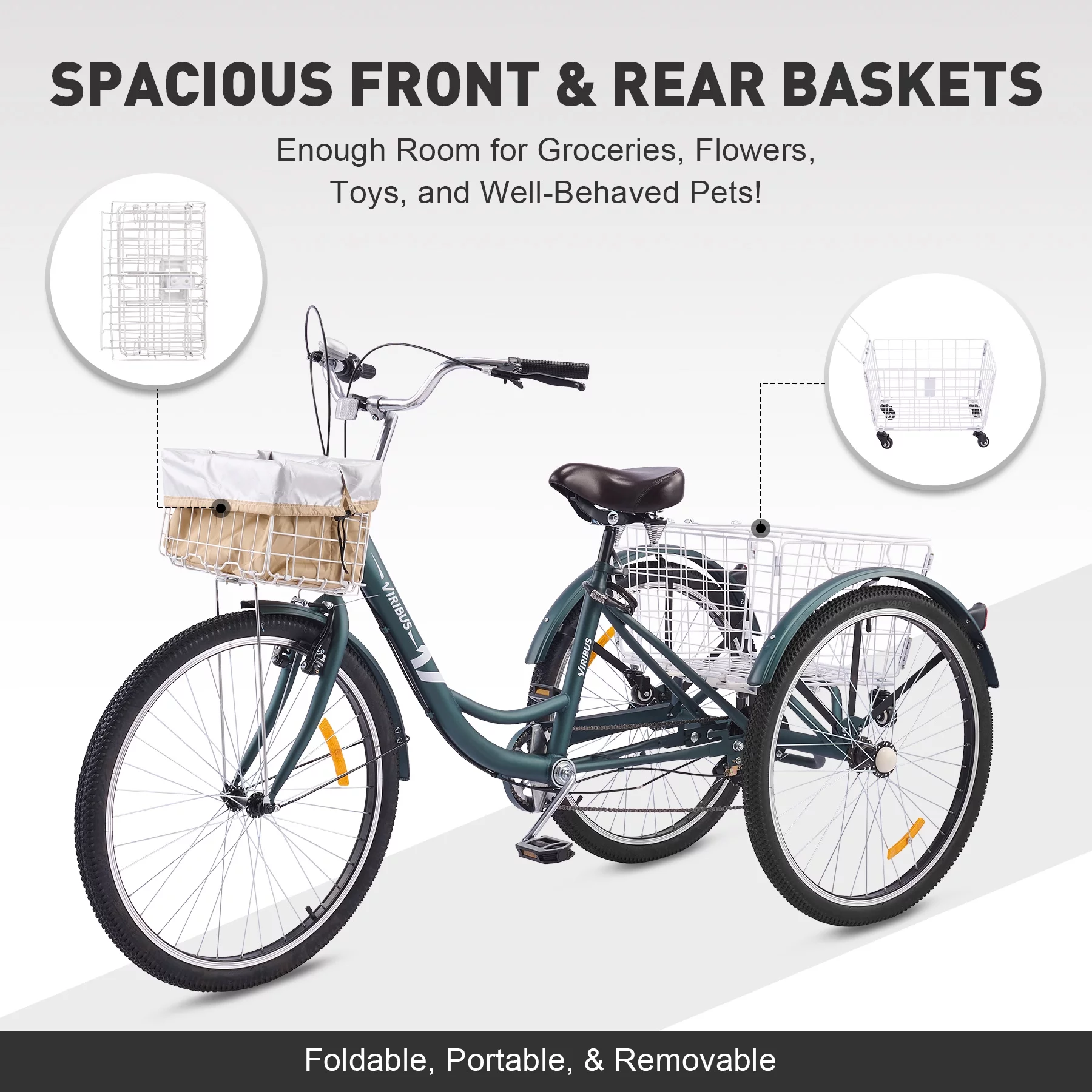 VIRIBUS 24 Inch Adult Trike 7 Speed Bike w Adjustable Seat 2 Baskets Matte Gray - Womvr