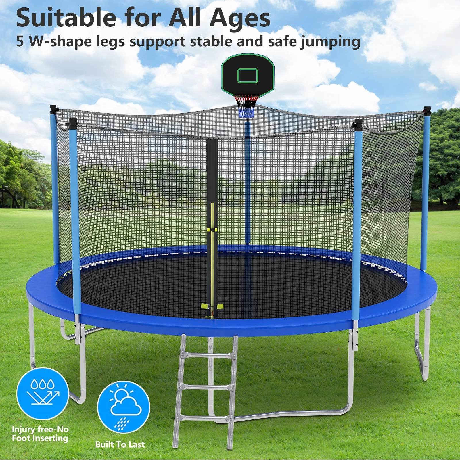 SEGMART 14FT Blue Trampoline for Kids with Basketball Hoop and Enclosure Net/Ladder, Blue - Womvr