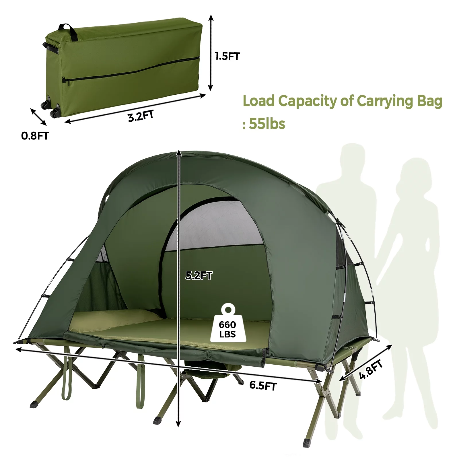 Patiojoy 2-Person Folding Camping Tent Cot Outdoor Elevated Tent w/External Cover Green - Womvr