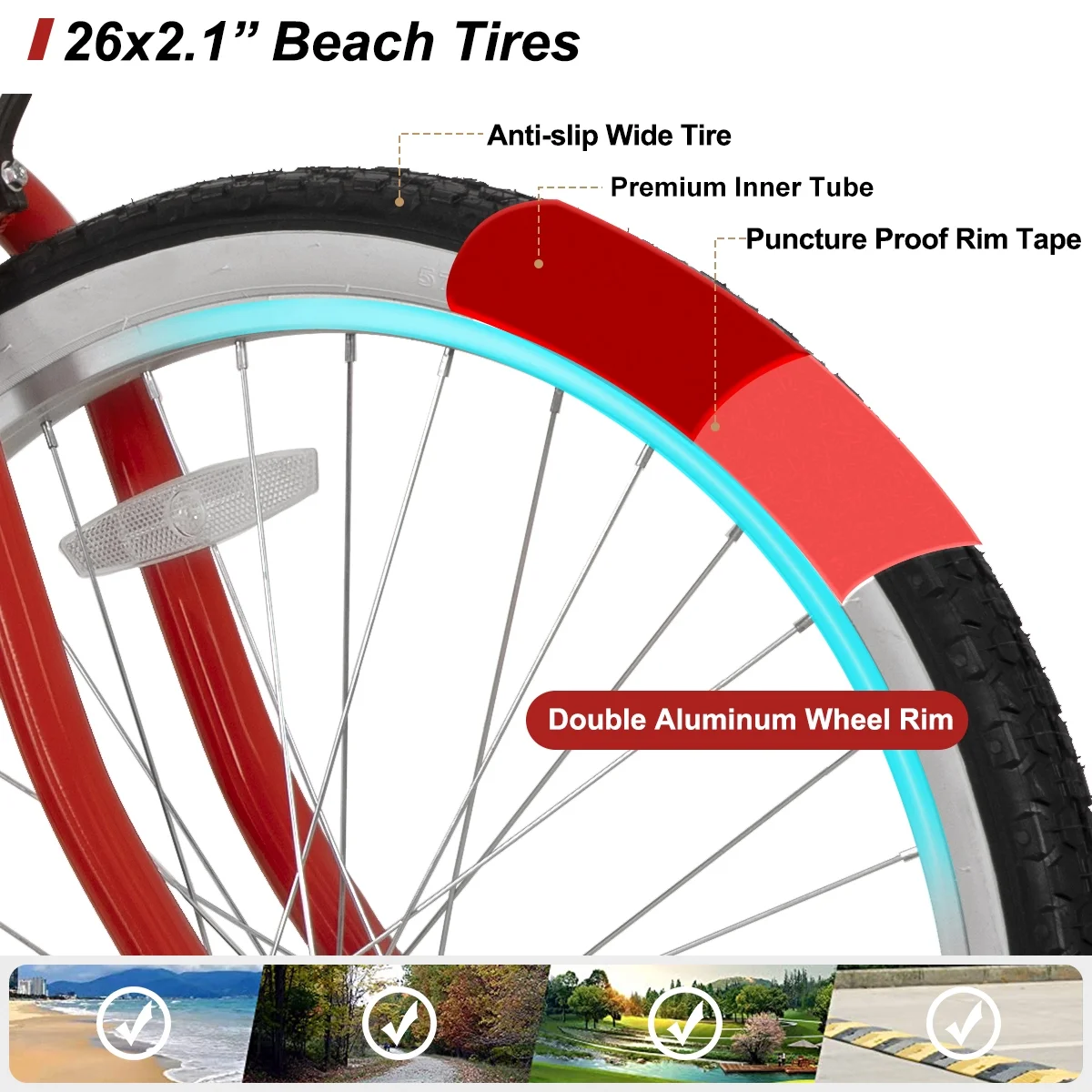 Hiland 26 inch Women's Men's Beach Cruiser Bike Bicycle Red Black Blue - Womvr