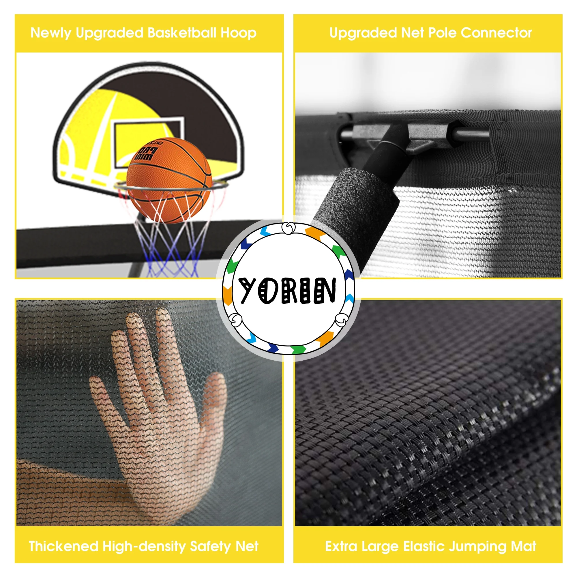 YORIN Trampoline for 2-3 Kids, 8FT 10FT Trampoline for Adults with Enclosure Net, Basketball Hoop, Ladder, 800LBS Outdoor Recreational Trampoline with Light, Sprinkler, Socks, Heavy Duty Trampoline - Womvr