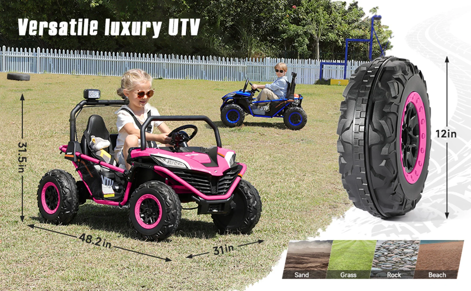 12 V Ride on Car,2 Seater Powered on Truck,4WD Electric Off-Road,Remote Control,Spring Suspension Ride on UTV for 3-8 Kids,Blue - Womvr