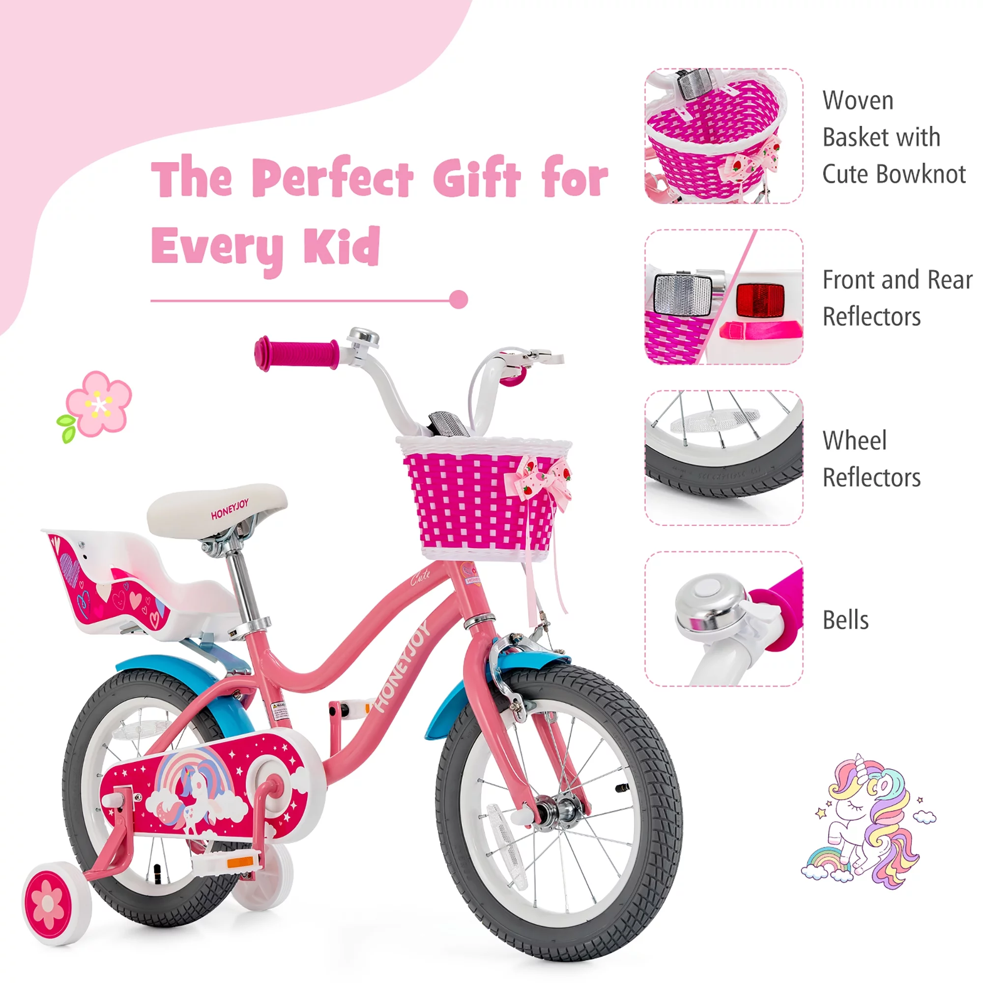 Honeyjoy 14 Inches Kids Bicycle w/Training Wheels & Basket for Boys & Girls Age 3-5 Years - Womvr