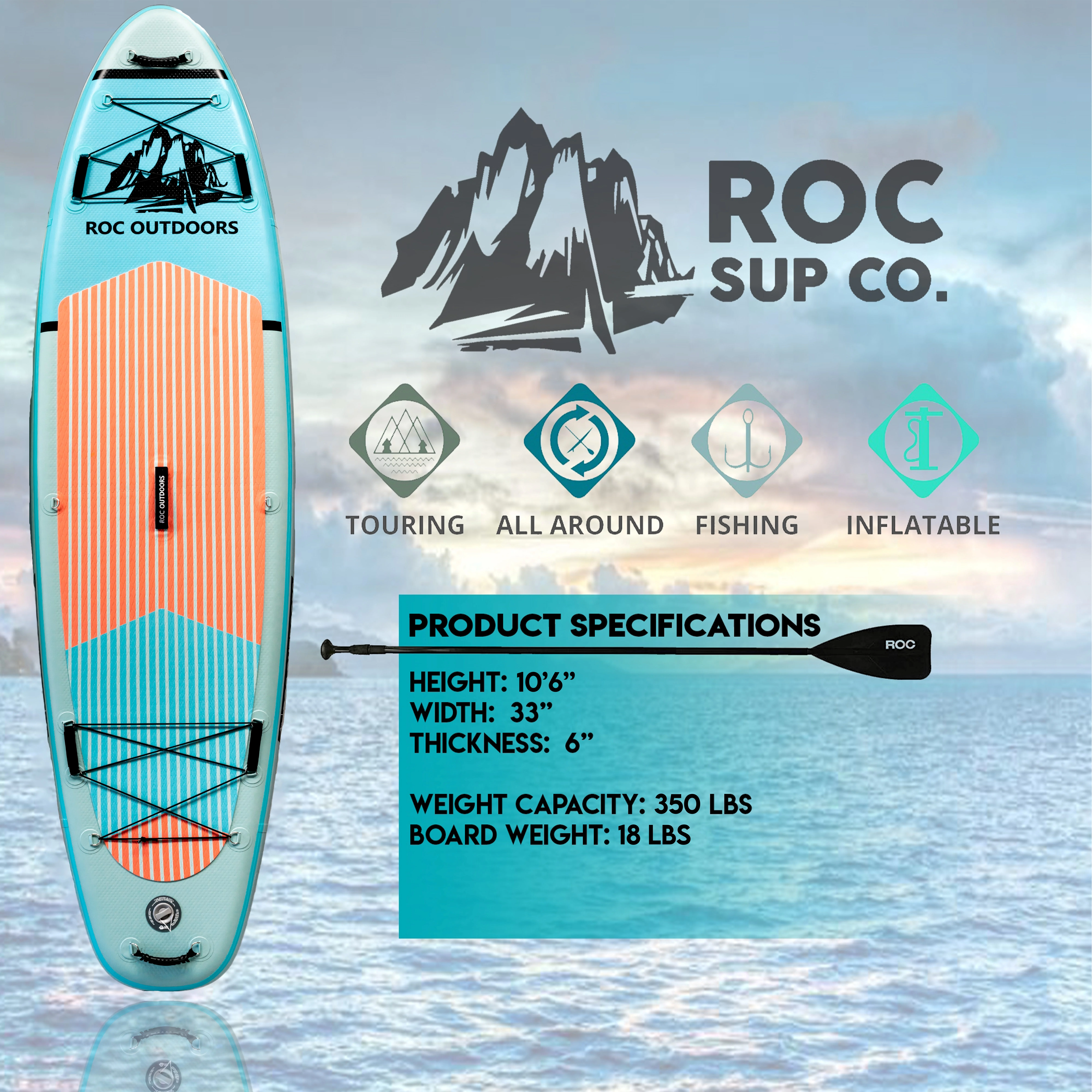 Roc Inflatable Stand Up Paddle Board with Premium sup Accessories & Backpack, Non-Slip Deck, Waterproof Bag, Leash, Paddle and Hand Pump - Womvr