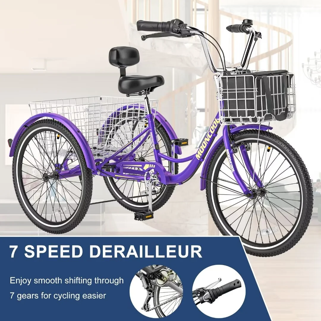 Docred Adult Tricycle 7 Speed 24 Inch Three Wheel Bike Cruiser Trike for Men/Women/Seniors - Womvr