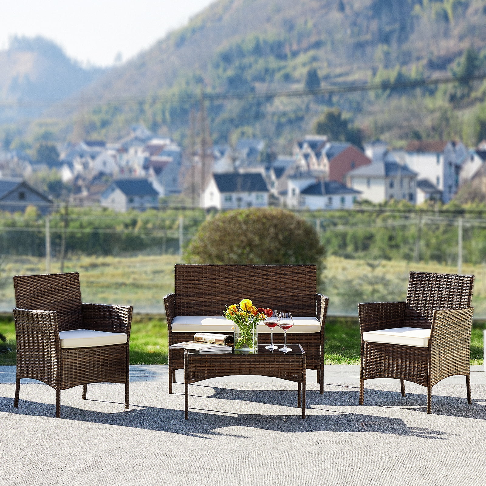 Yangming Outdoor Patio Furniture Set with Sectional Sofa, Table, Chairs and Thick Cushions - Perfect for Lawn, Garden, Backyard or Pool Area, Black - Womvr