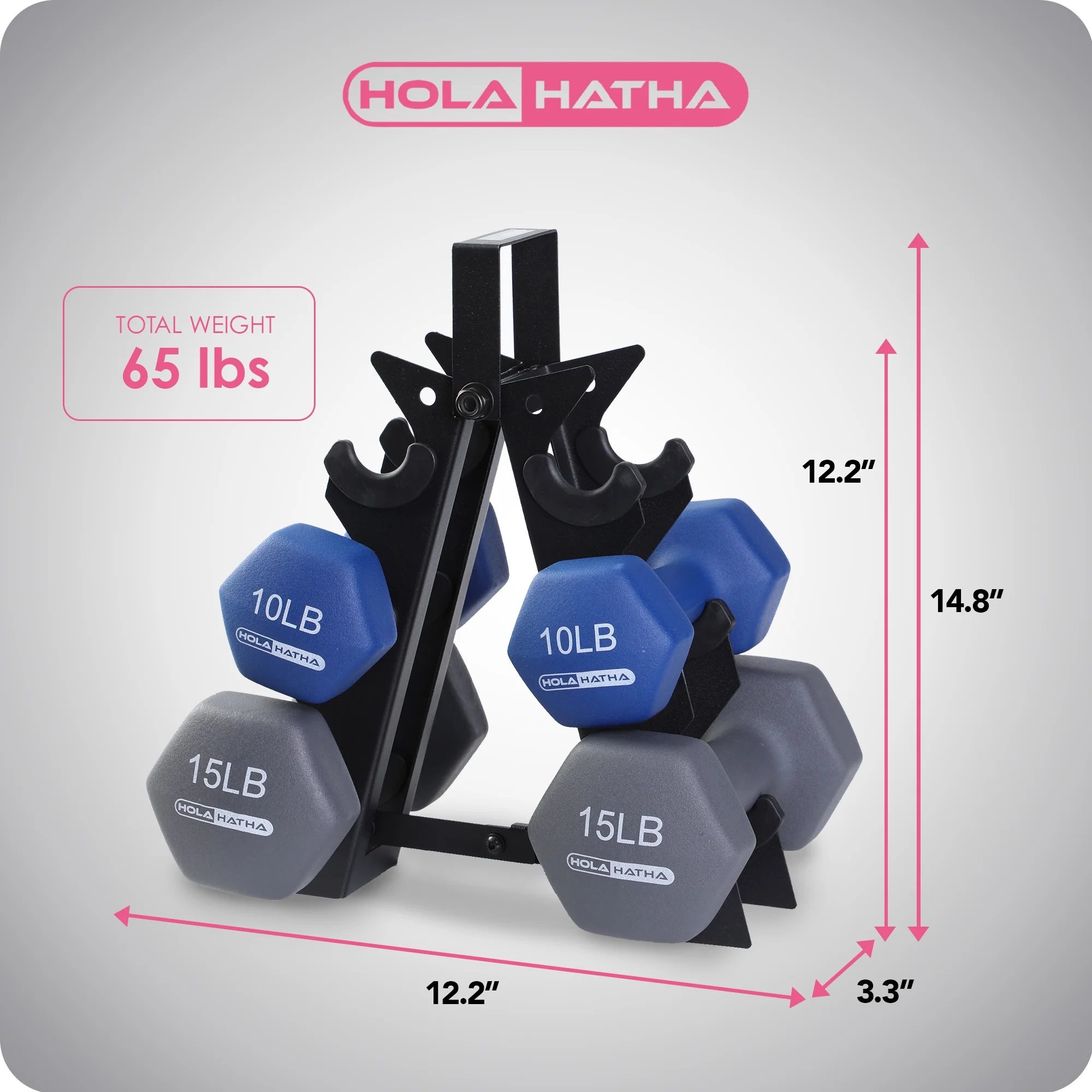 Open Box HolaHatha 5, 10, and 15 Pound Neoprene Free Hand Weight Set with Rack - Womvr