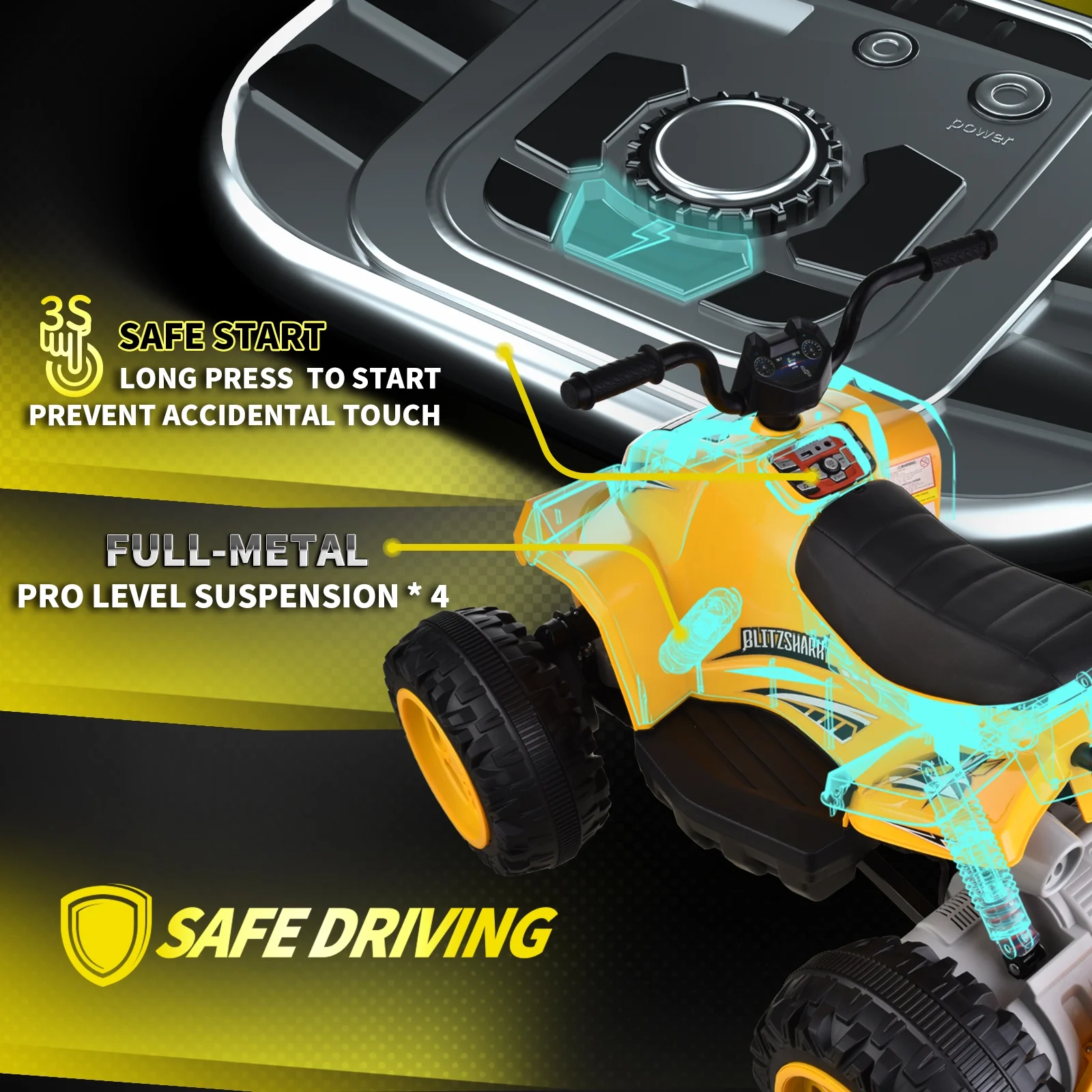 Blitzshark 24V Kids Ride on ATV 4WD Quad Powerful 4-Wheeler, with Big Battery, 6 MPH Speed, Metal Suspension, Police Rider - Womvr