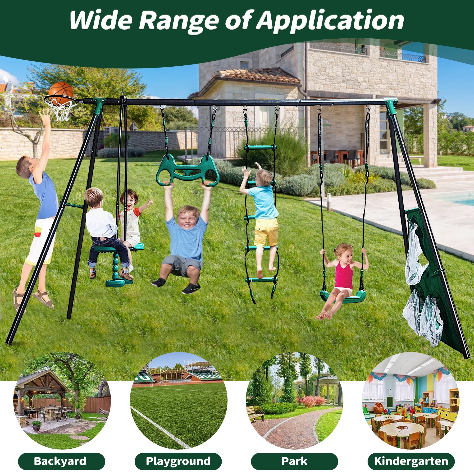 5 in 1 Metal Swing Set for Outside, Kids Backyard Swing Set with Swing Chair, Slide, Glider, Ground Nail, Outdoor Backyard Playground Swing Sets for 3-8 Year, Max Weight 700 lbs - Womvr