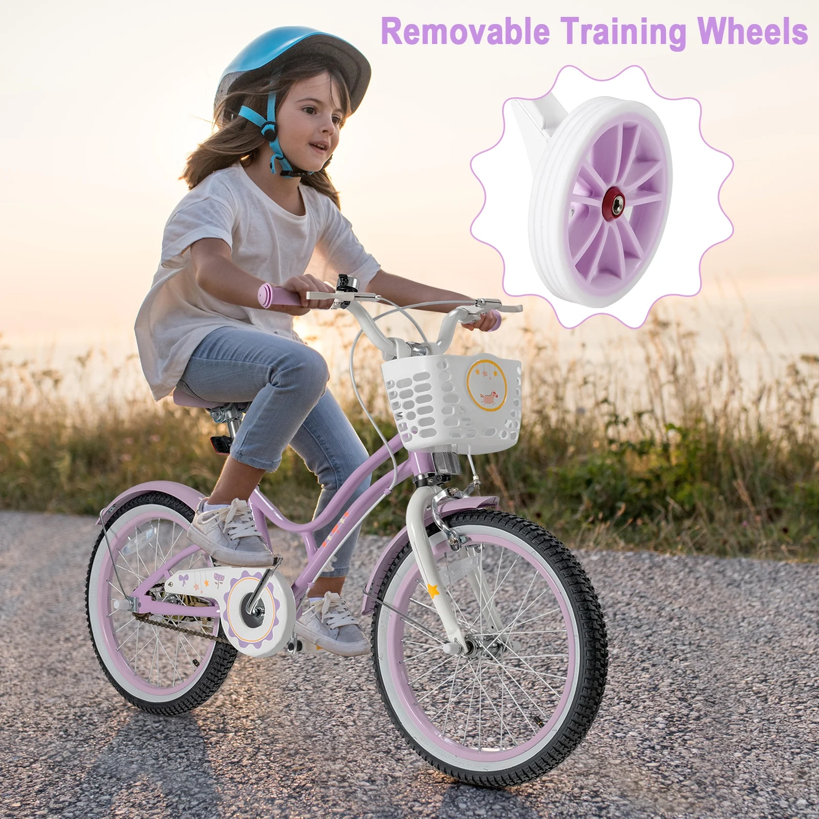 Babyjoy 18 Inch Kid Bike 95% Pre-Assembled Girls Bicycle with Training Wheels & Basket Age 6-9 Years Old Purple - Womvr