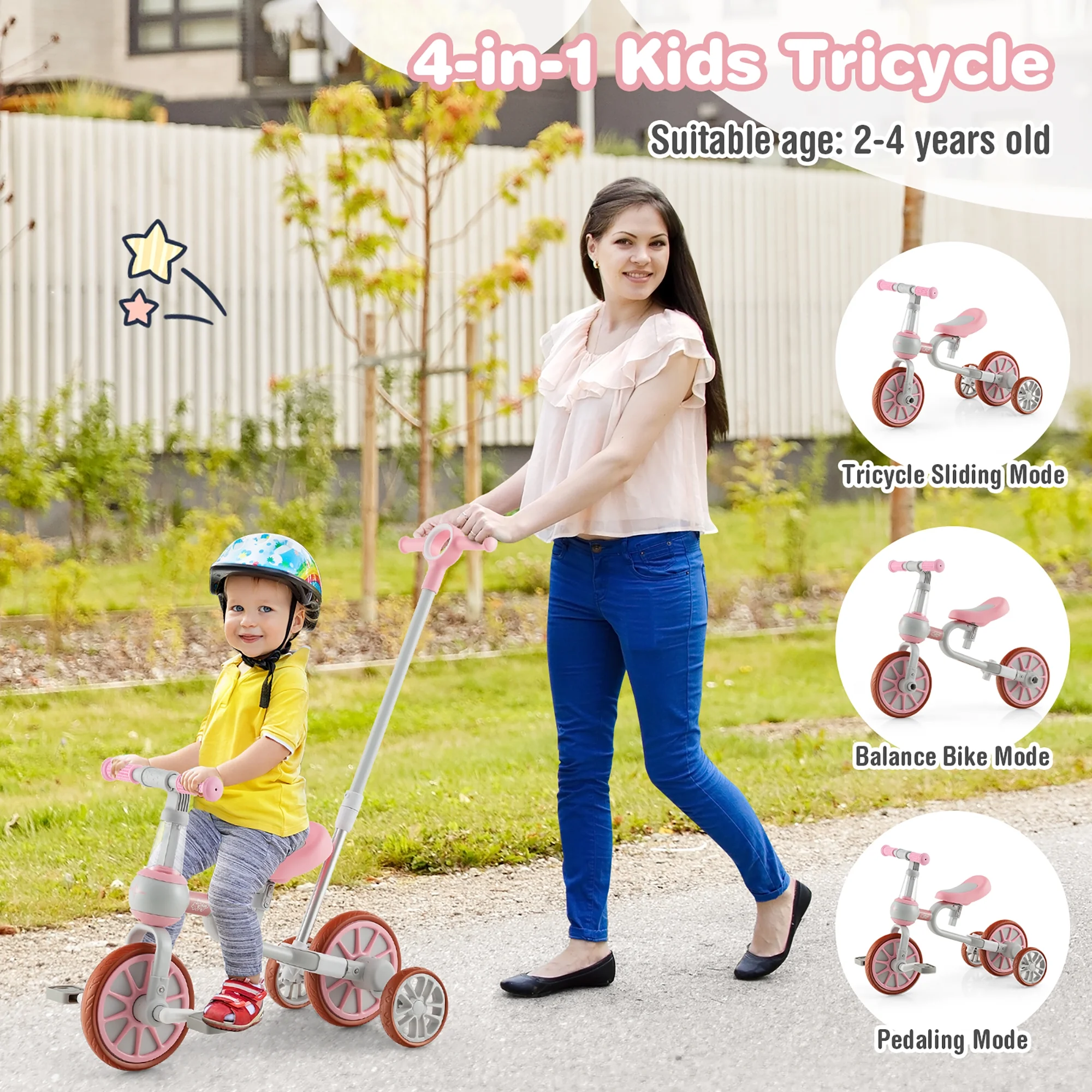 Costway 4 in 1 Kids Tricycles with  Push Handle & Training Wheels Baby Balance Bike Navy - Womvr