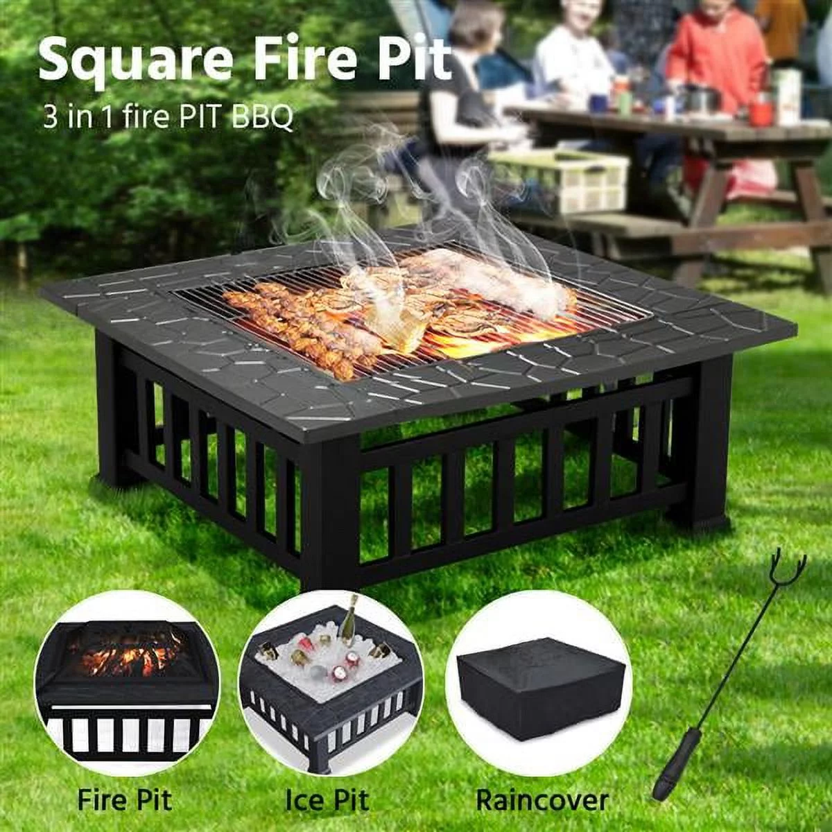 Yaheetech 32''Outdoor Metal Square Fire Pit With cover,Black - Womvr