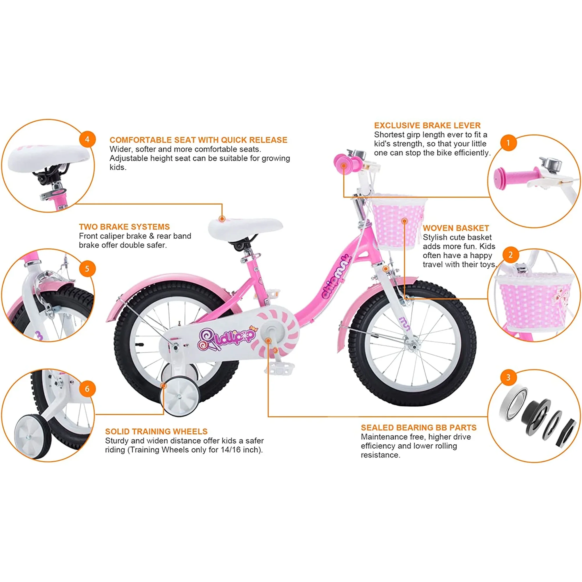 RoyalBaby Chipmunk Girls Kids Bike Bicycle with Basket Training Wheels 14 Inch Lollipop Pink - Womvr