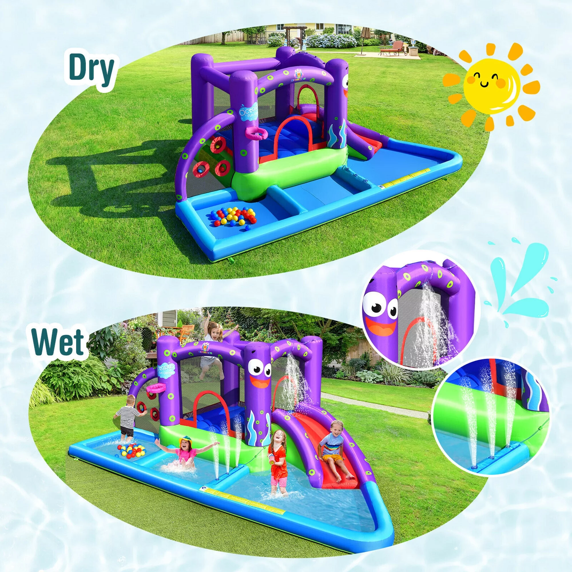 Gymax Inflatable Water Slide Castle Kids Bounce House w/ Octopus Style Blower Excluded - Womvr