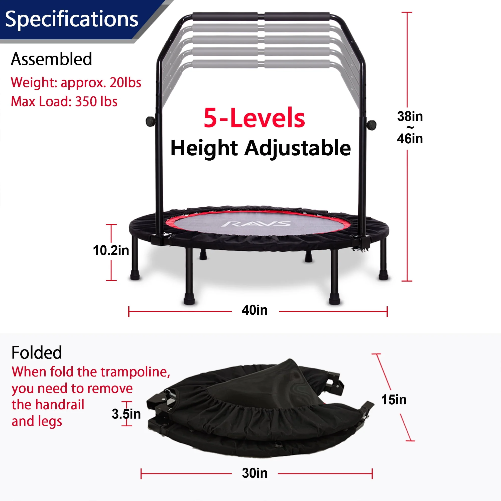 RAVS 40'' inch Black Foldable Mini Trampoline Rebounder for Kids and Adults with Height Adjustable Handle - Womvr