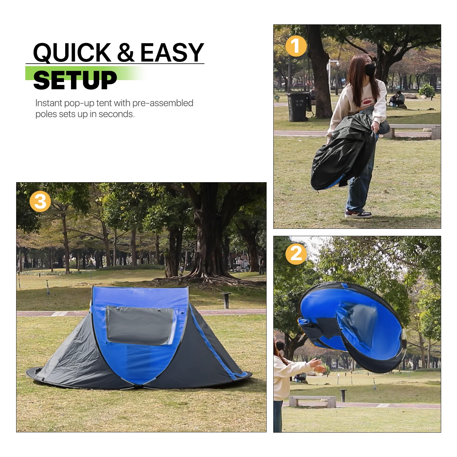 Magshion 3 Person Instant Pop Up Camping Tent, Outdoor Easy Set Up Automatic Family Travel Tent, Portable Backpacking Waterproof Shelter Tent, Blue - Womvr